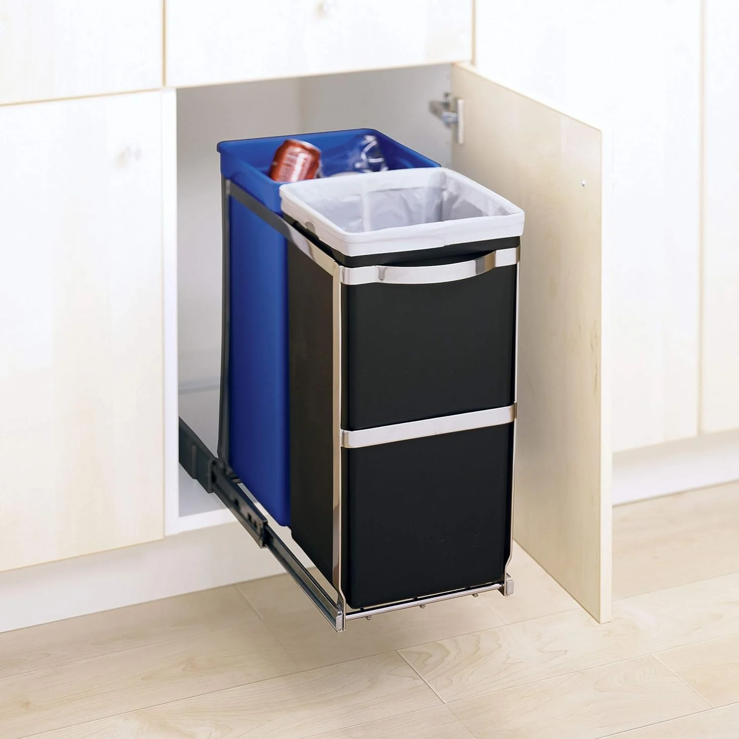 NEW - simplehuman 35 Liter / 9.3 Gallon Dual Compartment Under Counter Kitchen Cabinet Pull-Out Recycling Bin and Trash Can, Chrome - Retail $79 - Image 6