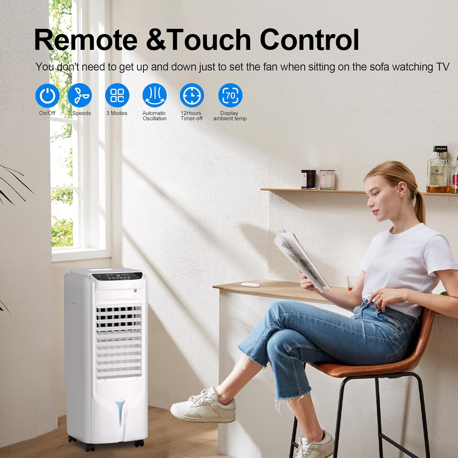NEW - Uthfy Evaporative Air Cooler, 32" Swamp Cooler with 4.2 Gallons Water Tank, Remote Control, 90Â° Oscillation Cooling Fan with 3 Speeds, 12H Timer, 3 In 1 Tower Fan thats Blow Cold Air for Home, Office - Retail $149 - Image 5