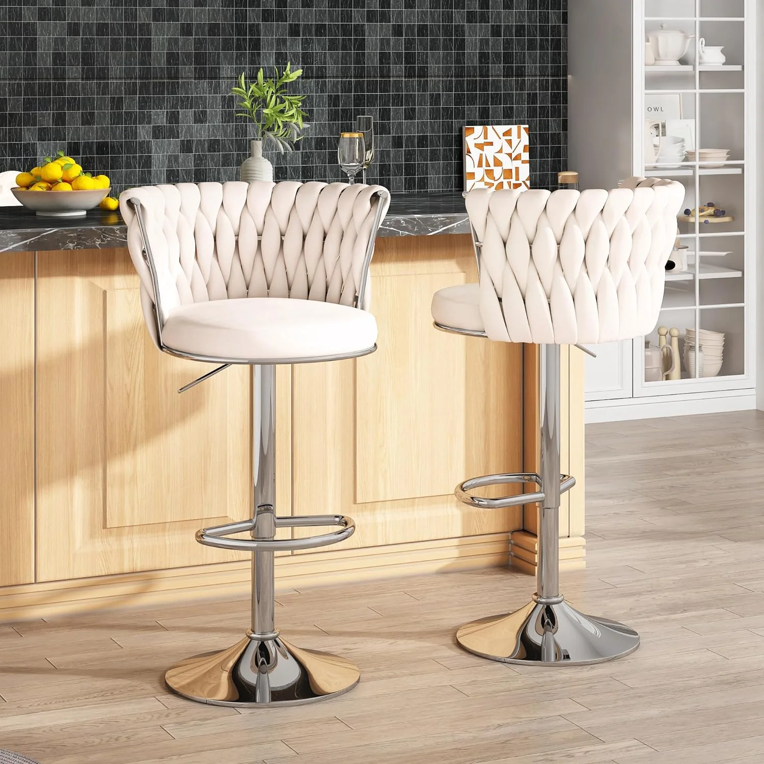 NEW - AWQM Velvet Bar Stool Set of 2, Counter Height Barstools Adjustable Kitchen Island Chairs,Swivel Bar Stools Upholstered Bar Chairs Counter Stool Armless Chairs with Back & Footrest, Beige - Retail $129 - Image 2