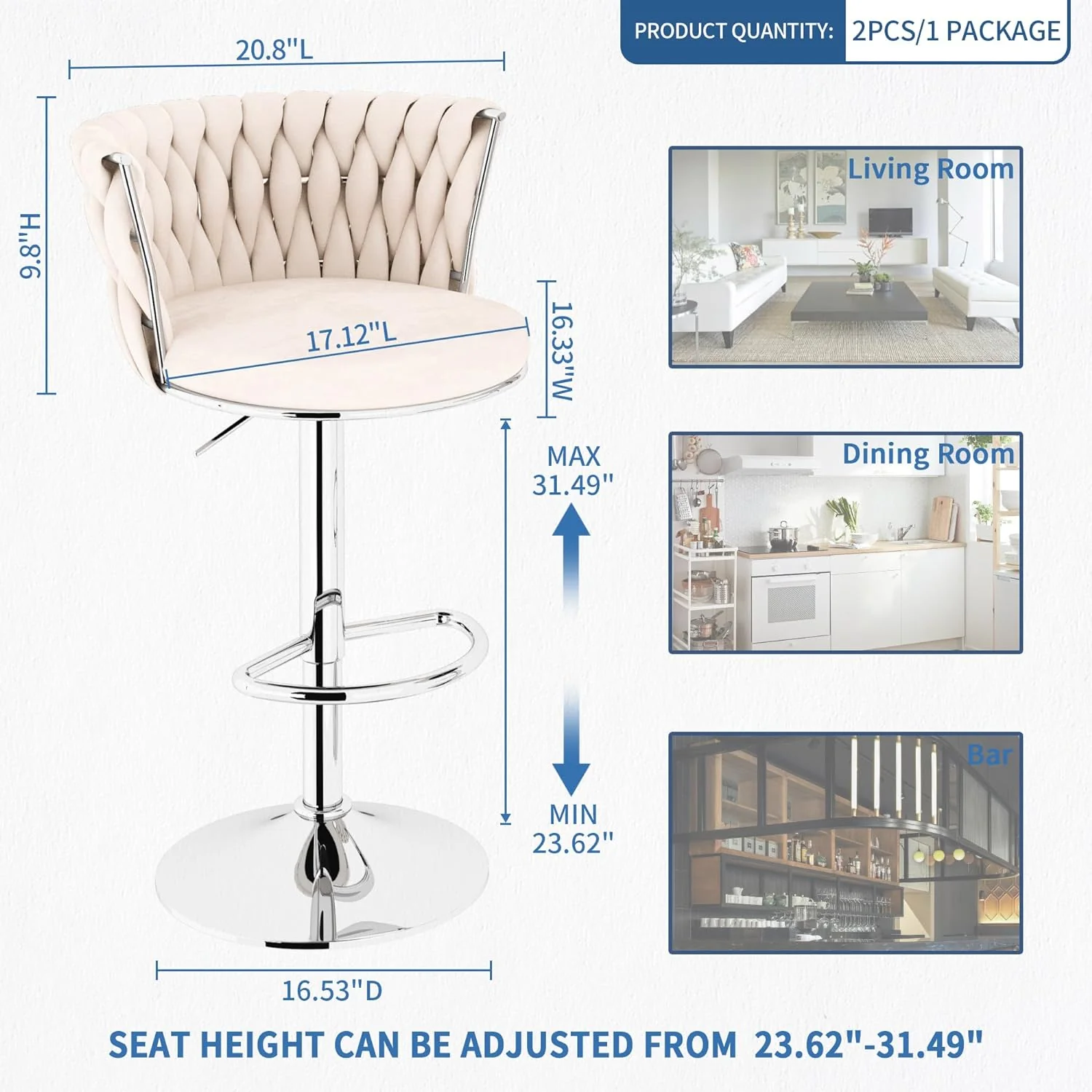 NEW - AWQM Velvet Bar Stool Set of 2, Counter Height Barstools Adjustable Kitchen Island Chairs,Swivel Bar Stools Upholstered Bar Chairs Counter Stool Armless Chairs with Back & Footrest, Beige - Retail $129 - Image 3