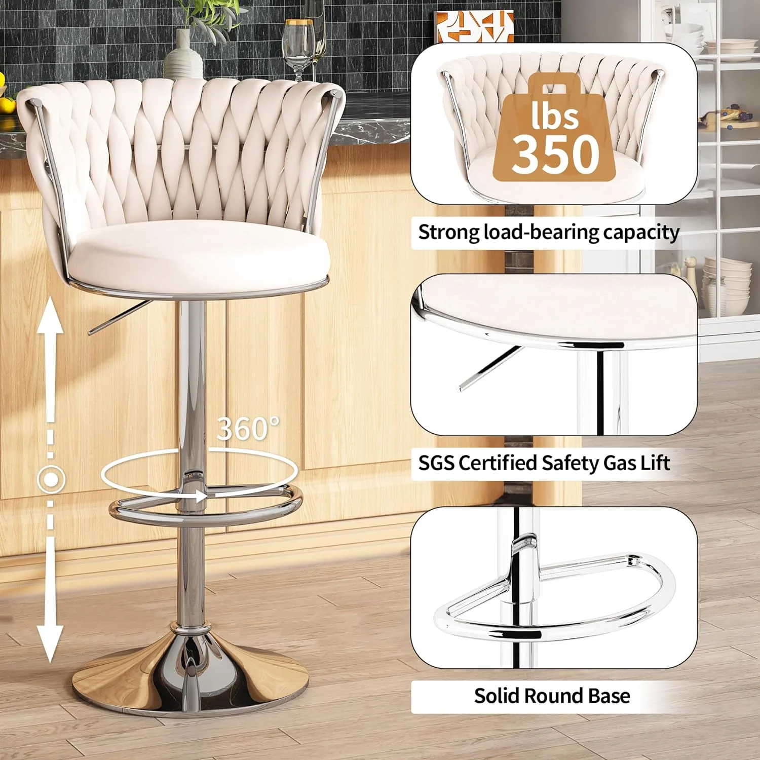 NEW - AWQM Velvet Bar Stool Set of 2, Counter Height Barstools Adjustable Kitchen Island Chairs,Swivel Bar Stools Upholstered Bar Chairs Counter Stool Armless Chairs with Back & Footrest, Beige - Retail $129 - Image 5