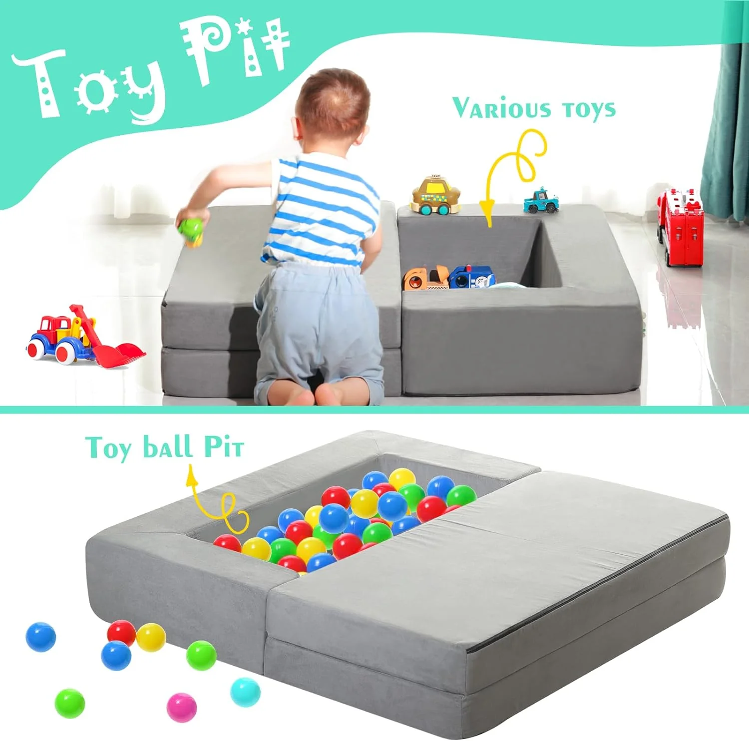 NEW - Kids Couch,4-Piece Fold Out Toddler Play Couch,Floor Sofa Imaginative Furniture Play Set for Bedroom Playroom,Convertible Folding Kids Sofa for Creative Kids(Grey) - Retail $105 - Image 3