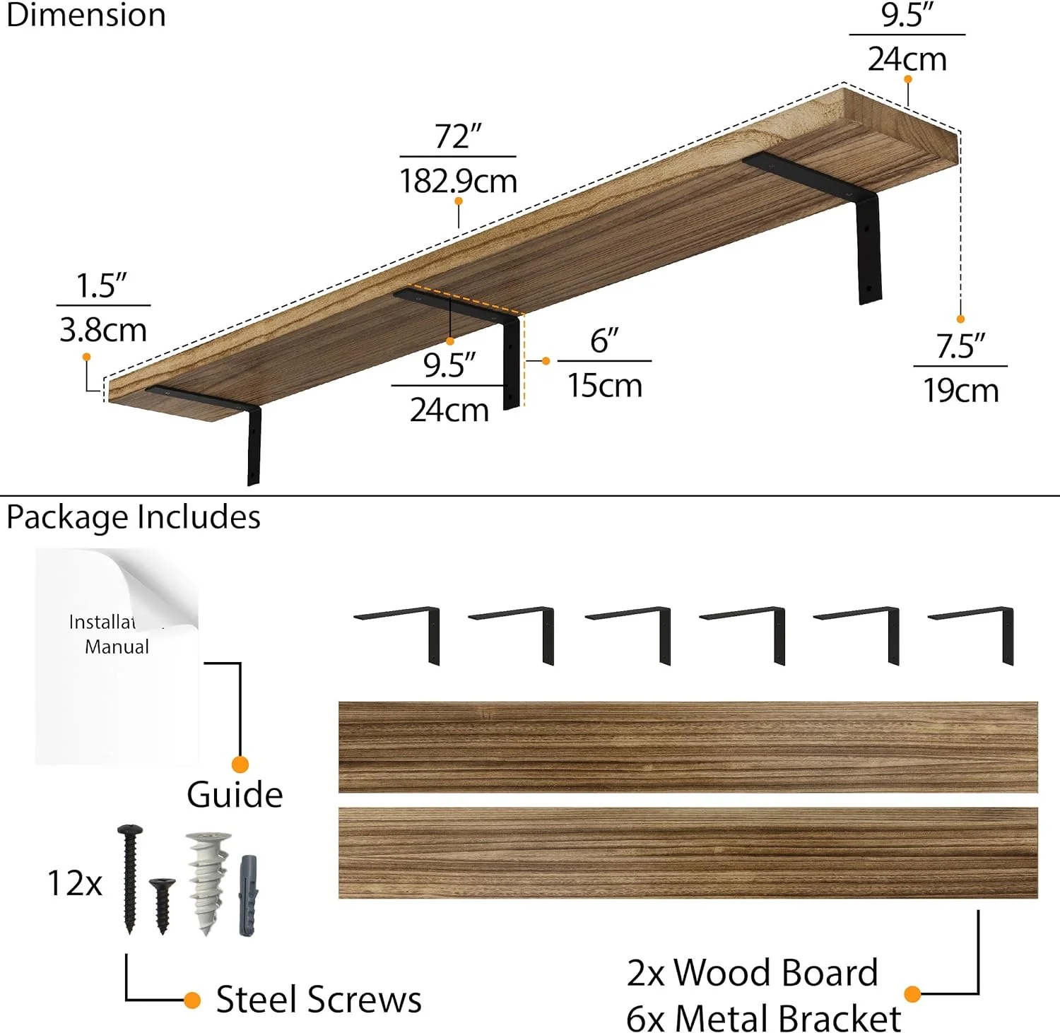 NEW - Wallniture Cervo 72"x9.5" Floating Shelves for Wall, Living Room Wall Book Shelf, Floating Shelf with Metal Heavy Duty Brackets, Wall Shelf for Kitchen, Wood Wall Shelves, Burnt Set of 2 - Retail $159 - Image 2