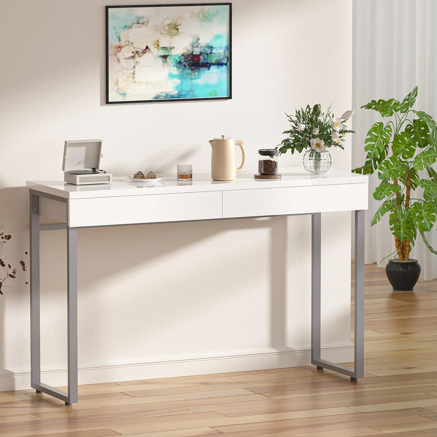 NEW w/ dmg - GreenForest Vanity Desk with 2 Drawers Glossy White 39 inch Modern Home Office Computer Desk Makeup Dressing Console Table with Metal Silver Legs for Small Spaces,Silver - Retail $159 - Image 2