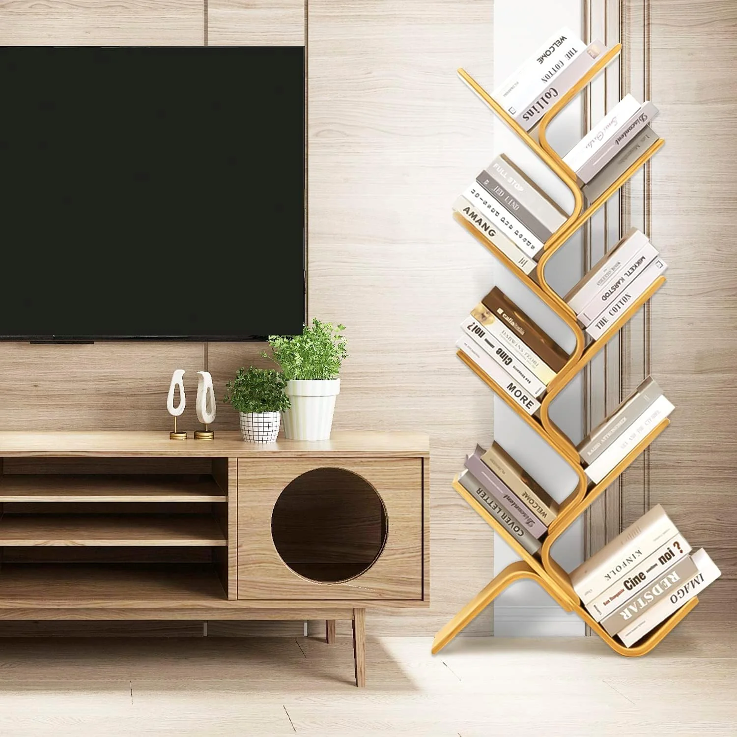 NEW - 8-Tier Floor Bamboo Tree Bookshelf, Modern Standing Bookcase Office Book Storage Creative Curved Rack Organizer Shelves, Book Shelf Space Saver for Home Living Room Corner Bedroom - Image 2