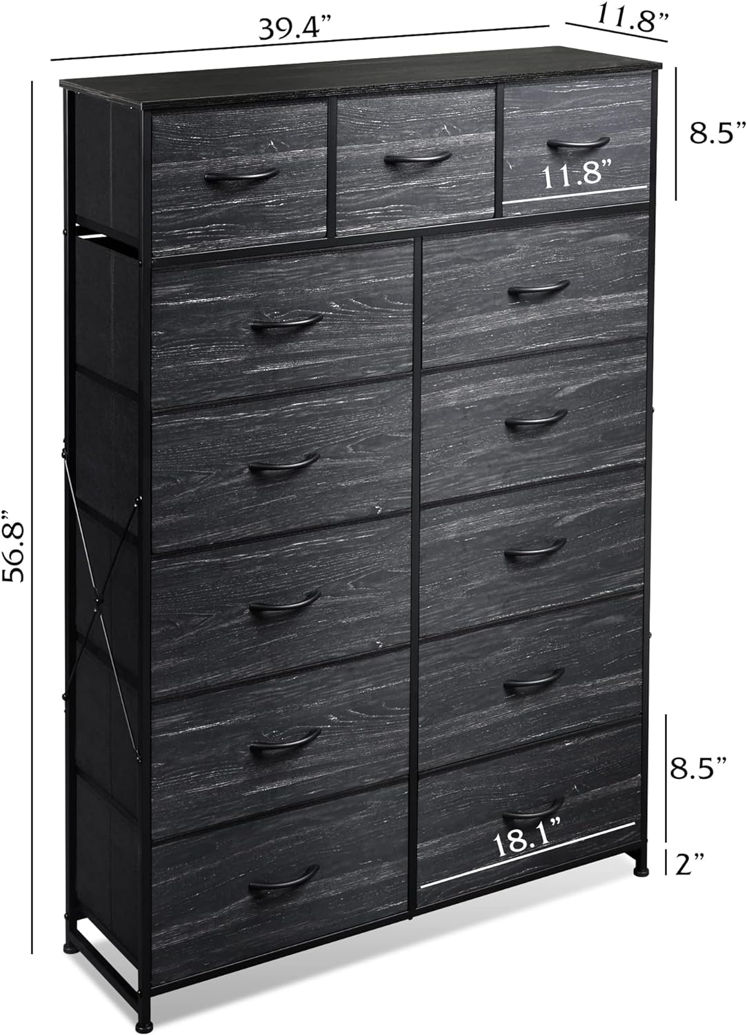 NEW - WLIVE Tall Dresser for Bedroom with 13 Drawers, Storage Dresser Organizer Unit, Fabric Dresser for Bedroom, Closet, Chest of Drawers, Steel Frame, Wood Top, Charcoal Black Wood Grain Print - Retail $110 - Image 3
