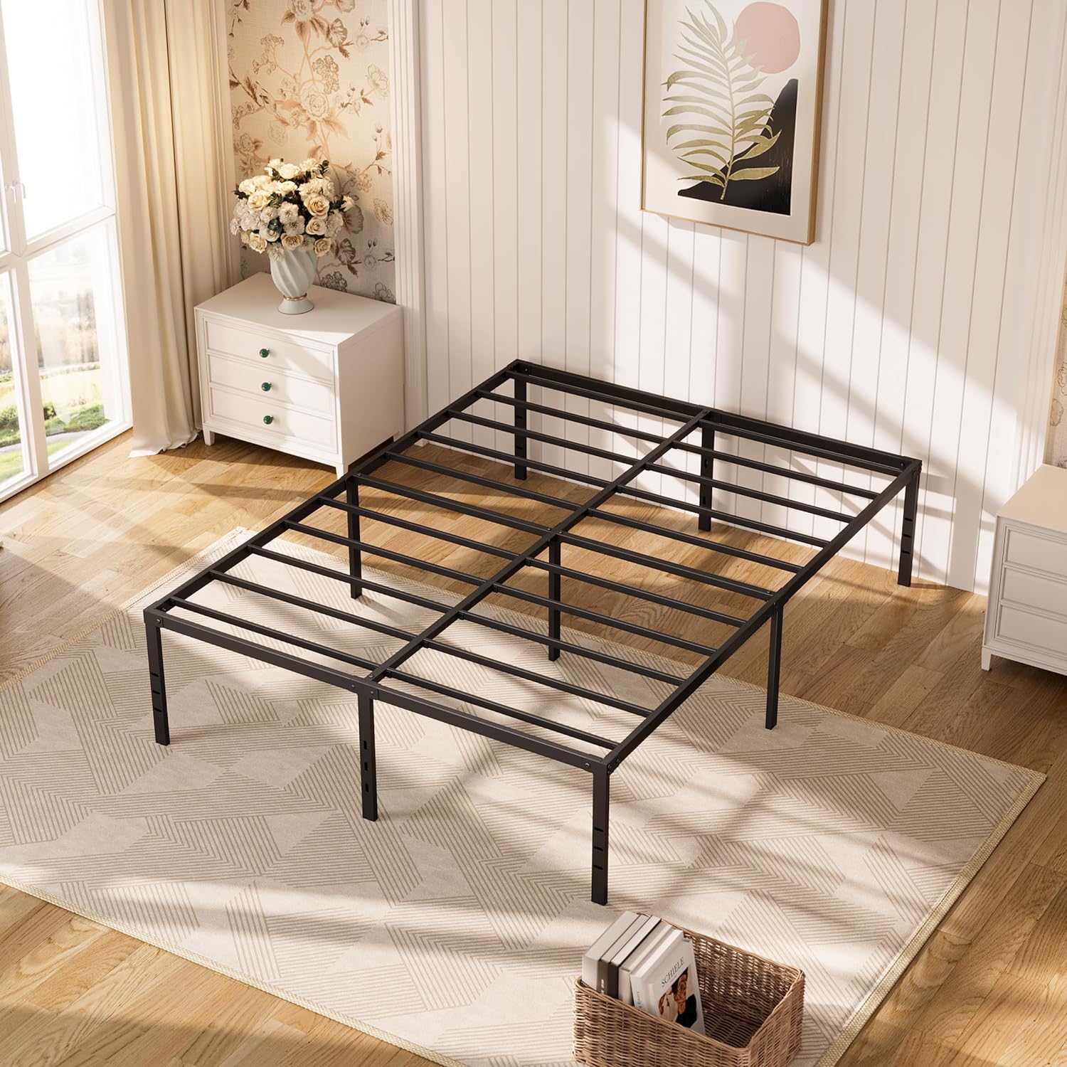 NEW - DERYONI 18 inch Queen Size Bed Frame No Box Spring Needed Heavy Duty Queen Platform Bed Frame Steel Slat Support 750lbs High Easy Assembly Noise Free Black Bed Frame Queen Size - Retail $76 - Image 4
