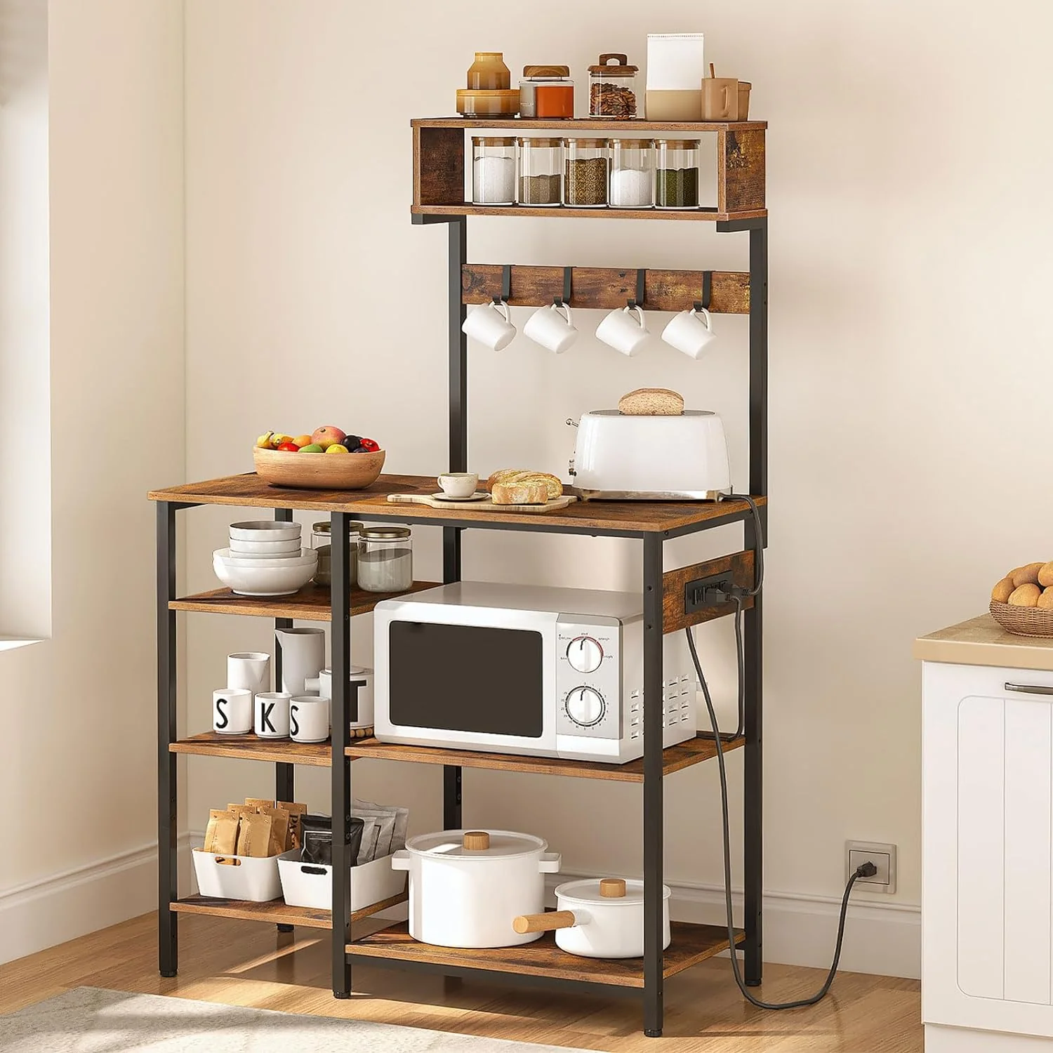 NEW - HOOBRO Bakers Rack with Power Outlet, 35.4 Inches Microwave Stand with 4 Hooks, 6 Tiers Kitchen Storage Shelf Rack, Coffee Bar Table, Rustic Brown and Black BF10UHB01 - Retail $99 - Image 2