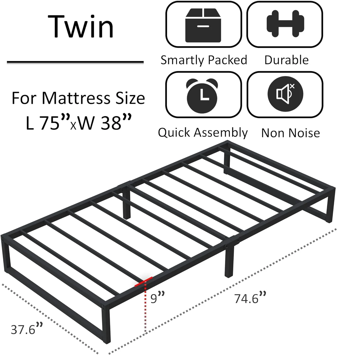 NEW - Lutown-Teen TWIN 9 Inch Bed Frames Heavy Duty Metal Twin Platform Bed Frame No Box Spring Needed, Noise Free, Easy Assembly, Black - Retail $109 - Image 3