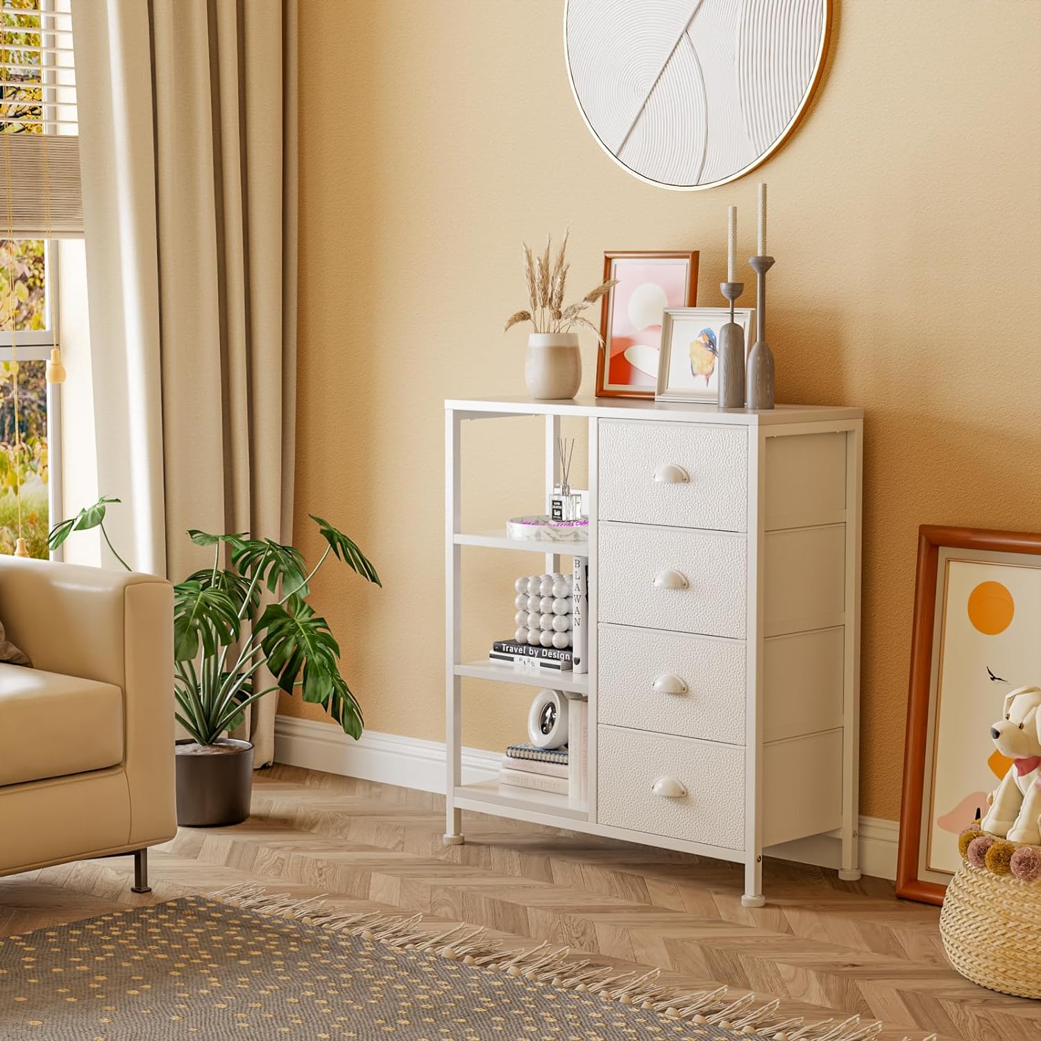 NEW - Furologee 4 Drawers Dresser for Bedroom, Small White Dresser with Shelf, Nightstand Side Table for Entryway, Living Room, Lightweight Fabric Storage Drawer Organizer Unit, Wood Top, Metal Frame - Retail $99 - Image 3