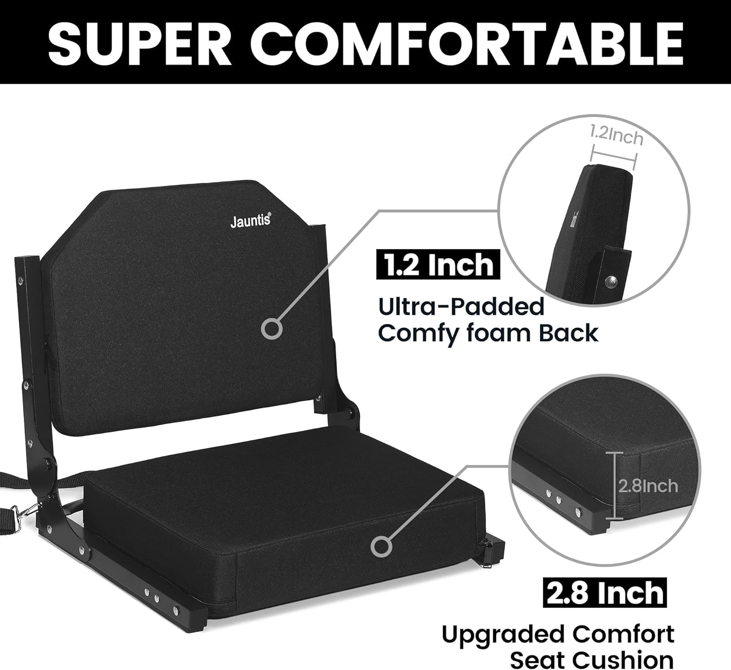 NEW - Jauntis Stadium Seats for Bleachers, Bleacher Seats with Ultra Padded Comfy Foam Backs and Cushion, Wide Portable Stadium Chairs with Back Support and Shoulder Strap, 2 Pack, Black - Retail $95 - Image 4