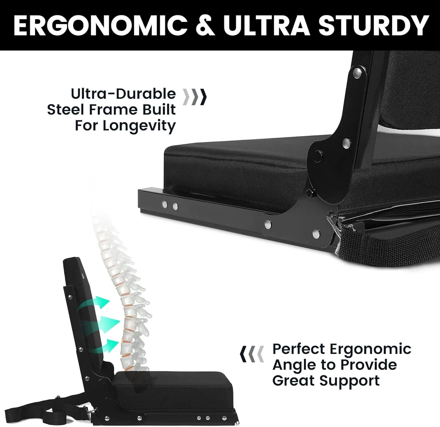NEW - Jauntis Stadium Seats for Bleachers, Bleacher Seats with Ultra Padded Comfy Foam Backs and Cushion, Wide Portable Stadium Chairs with Back Support and Shoulder Strap, 2 Pack, Black - Retail $95 - Image 5