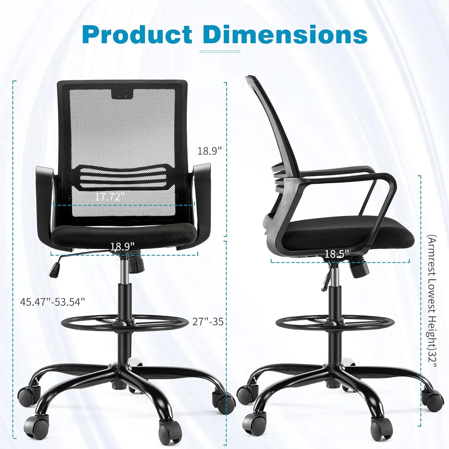 NEW - Drafting Chair, Tall Office Chair with Adjustable Foot Ring, Standing Desk Chair with Ergonomic Lumbar Support and Adjustable Armrests, Swivel Rolling Tall Chair, Breathable Mesh, Height Adjustable - Retail $89 - Image 2
