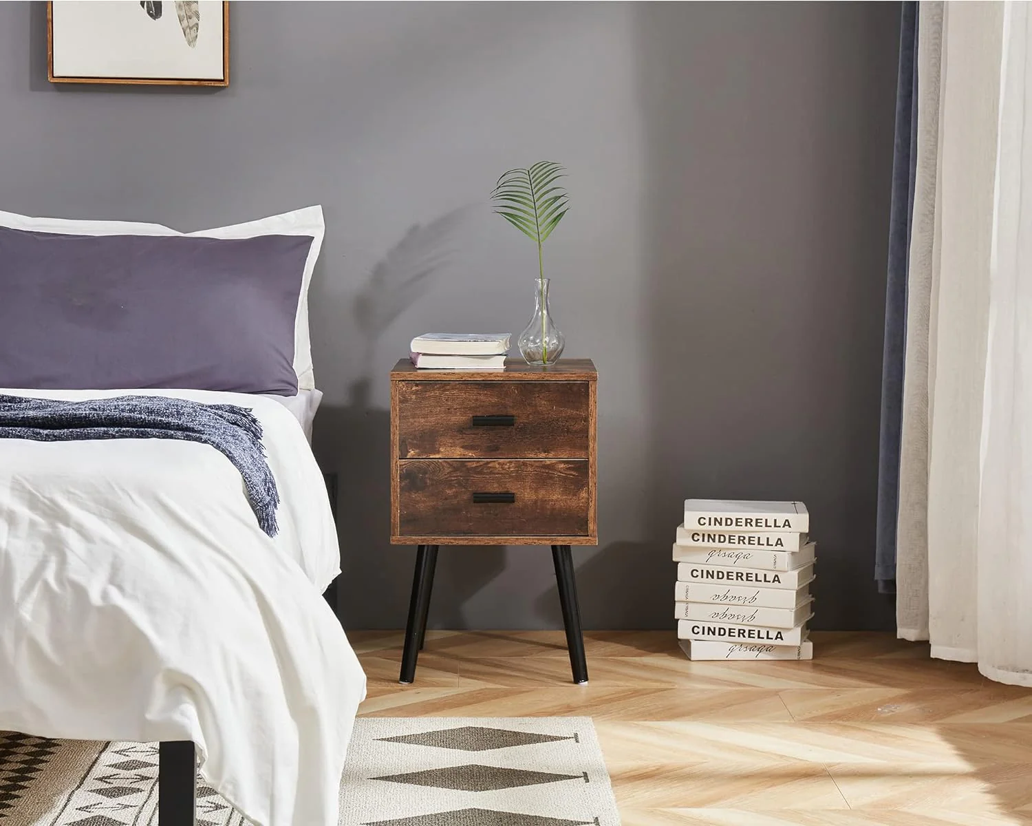 NEW - Tianlang Mid Century Nightstand with 2 Storage Drawer, Industrial Side End Table, Rustic Bedside Table for Bedroom, Living Room, Stable Wooden Legs, Easy Assemble, Retro Brown LJET003A - Retail $74 - Image 2