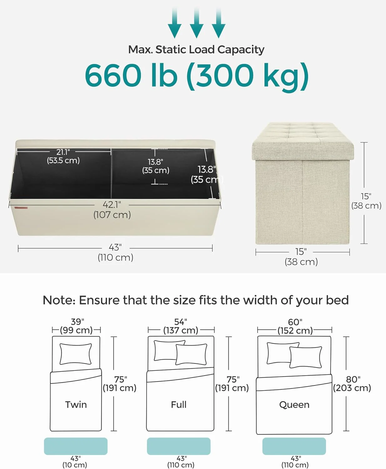 SONGMICS 43 Inches Folding Storage Ottoman Bench, Storage Chest, Foot Rest Stool, Bedroom Bench with Storage, Beige ULSF77BE - Retail $66 - Image 2