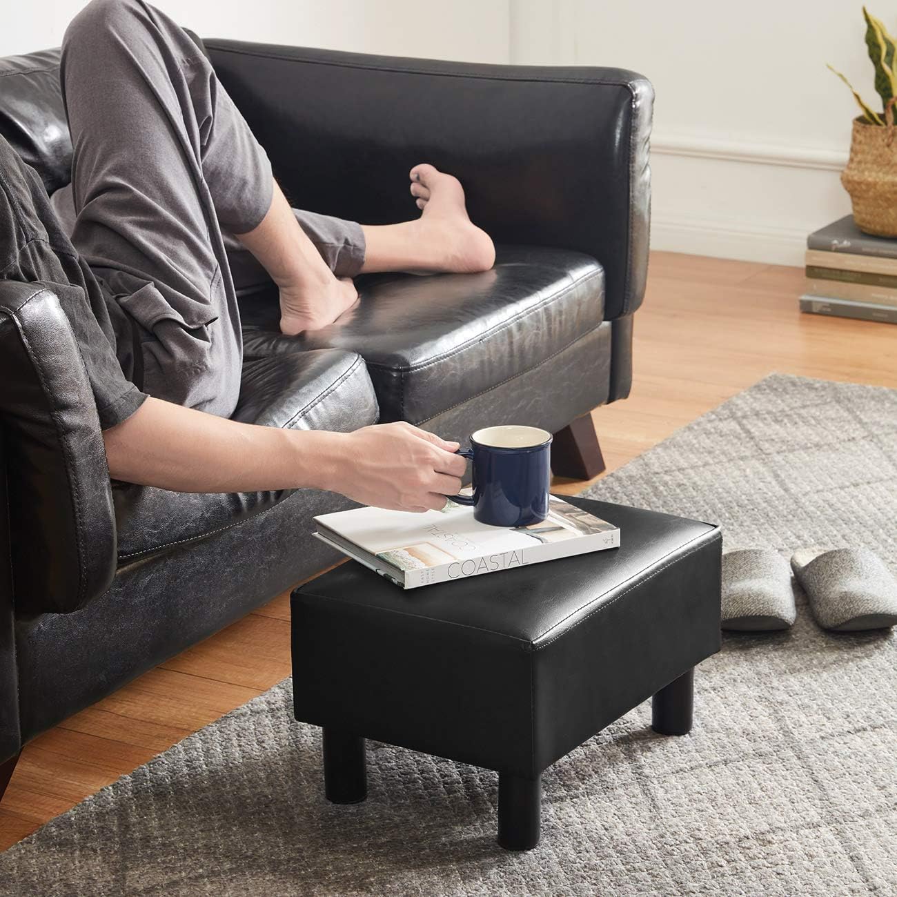 NEW - 16 inches Footstool Ottoman with 4 Stable Wooden Legs, Small Under Desk Footrest, Black PU Faux Leather Step Stool with Padded Seat for Living Room Bedroom - Retail $35 - Image 3
