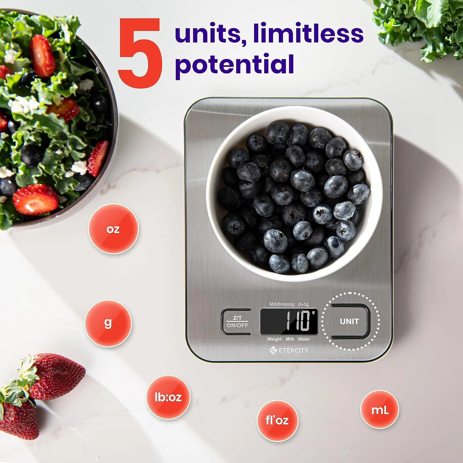 Etekcity Food Scale, Digital Kitchen Scale, 304 Stainless Steel, Weight in Grams and Ounces for Baking, Cooking, and Meal Prep, LCD Display, Medium - Retail $13 - Image 3