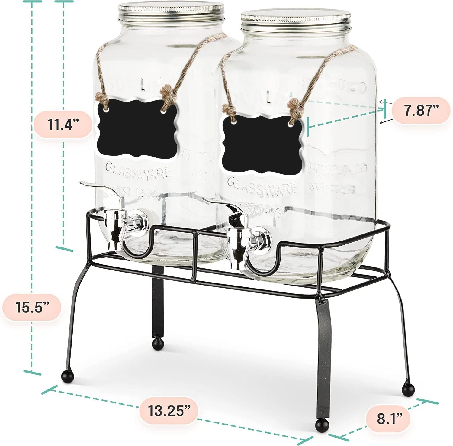 NEW - Estilo Glass Drink Dispenser for Parties - Set of 2-1 Gallon Halloween Drink Dispenser with Stand, Glass Water Dispenser Countertop for Weddings, Sun Tea Jar, Lemonade & Laundry Detergent Dispenser - Retail $54 - Image 2
