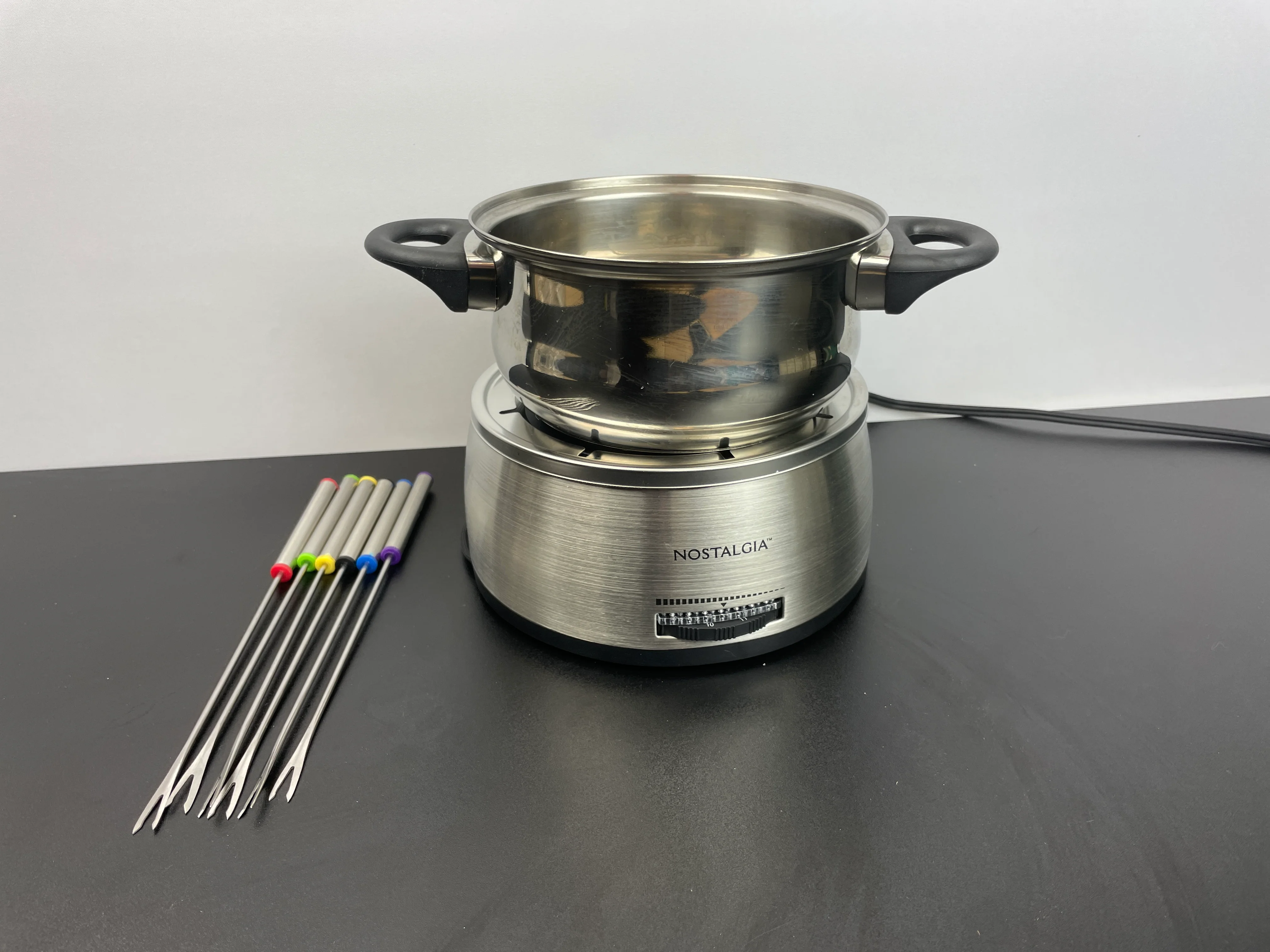 Nostalgia 6-Cup Electric Fondue Pot Set for Cheese & Chocolate - 6 Color-Coded Forks, Adjustable Temperature Control - Stylish Serving for Hors d'Oeuvres, Entrees, and Desserts - Stainless Steel - Retail $37 - Image 2