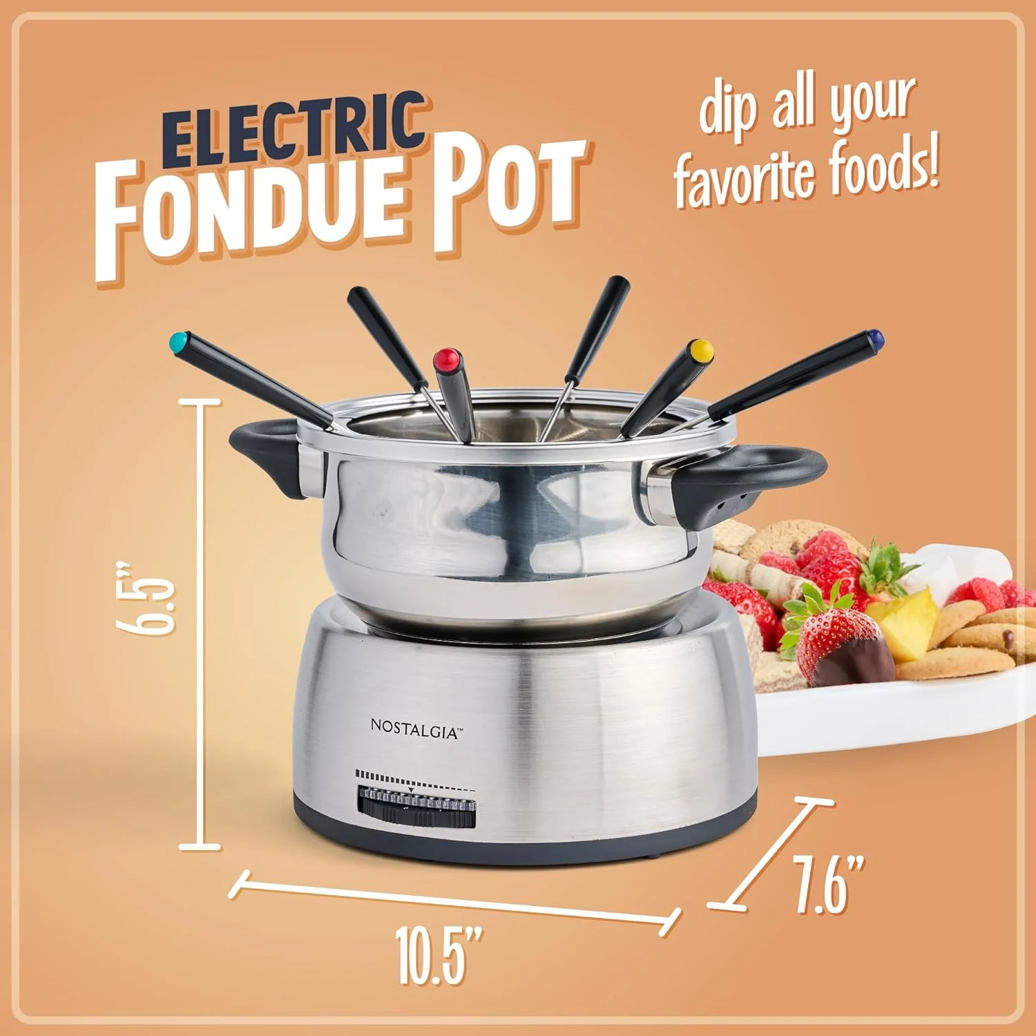 Nostalgia 6-Cup Electric Fondue Pot Set for Cheese & Chocolate - 6 Color-Coded Forks, Adjustable Temperature Control - Stylish Serving for Hors d'Oeuvres, Entrees, and Desserts - Stainless Steel - Retail $37 - Image 4