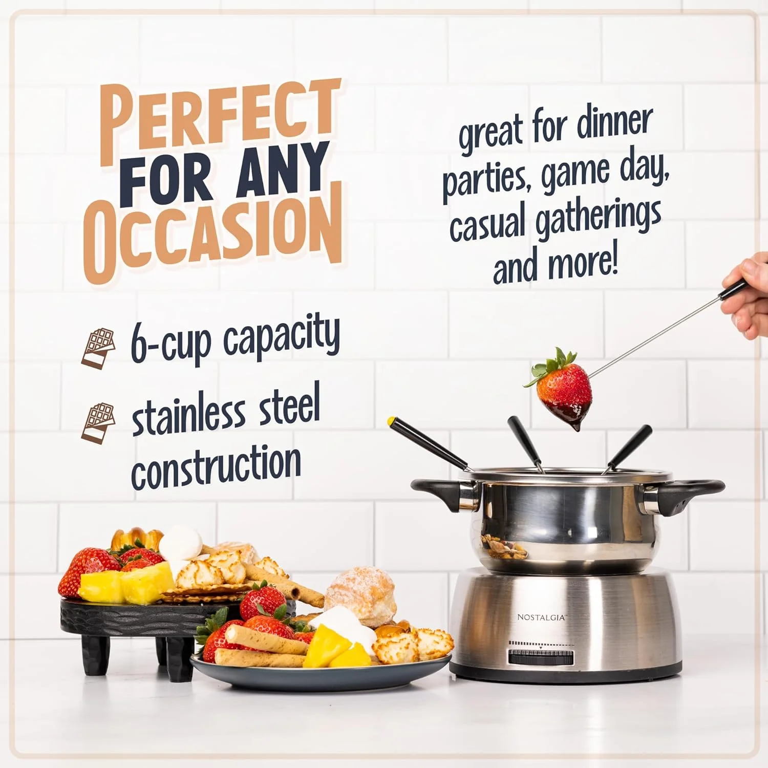 Nostalgia 6-Cup Electric Fondue Pot Set for Cheese & Chocolate - 6 Color-Coded Forks, Adjustable Temperature Control - Stylish Serving for Hors d'Oeuvres, Entrees, and Desserts - Stainless Steel - Retail $37 - Image 5