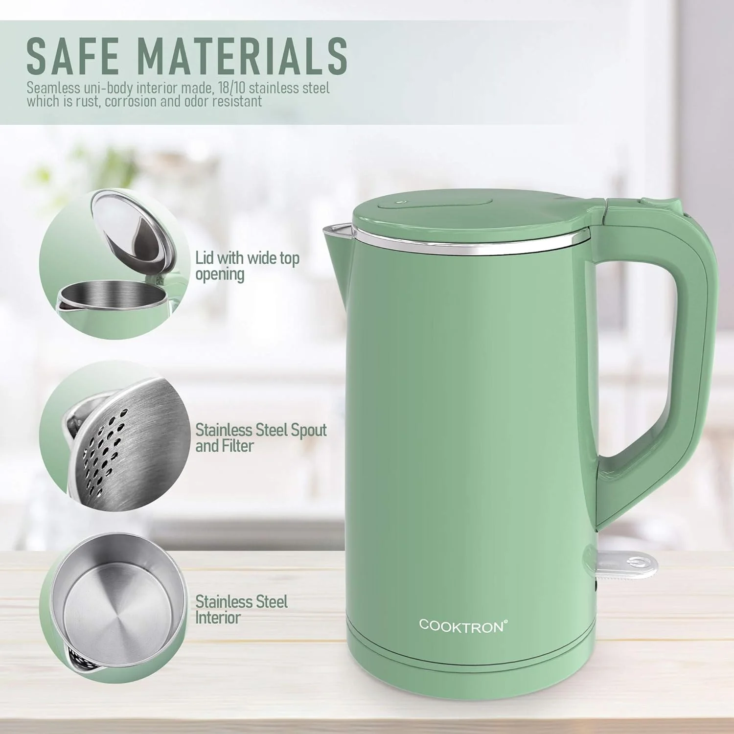 COOKTRON 1.7L Electric Kettle Quiet, Double Wall Hot Water Boiler BPA-Free, Quiet Boil and Cool Touch Tea Kettle - Retail $36 - Image 2