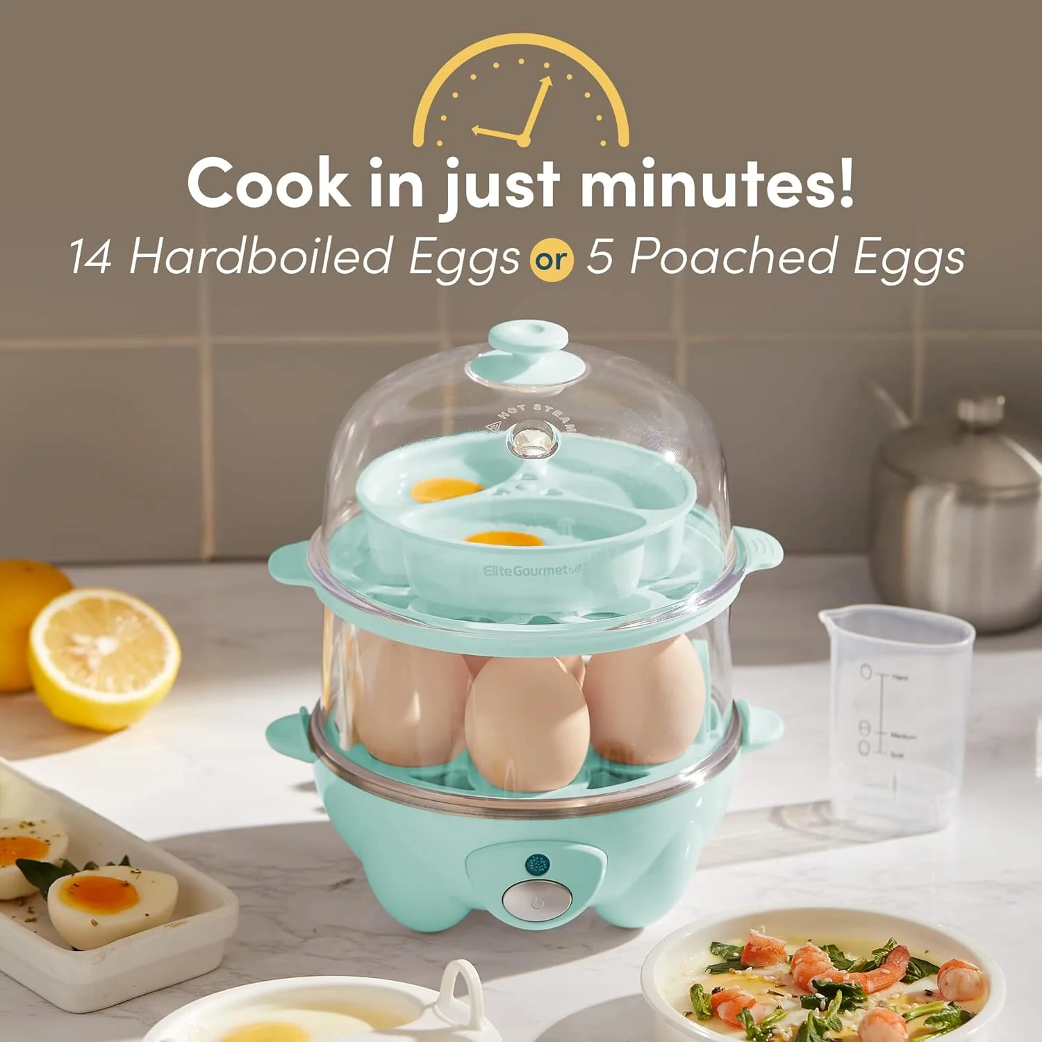 NEW - Elite Gourmet EGC1405M 2-Tiered Rapid Egg Cooker, 5-Egg Poacher, Omelets, Soft, Medium, Hard-Boiled Eggs with Auto Shut-Off and Buzzer, BPA Free, 14 eggs, Mint - Retail $27 - Image 4