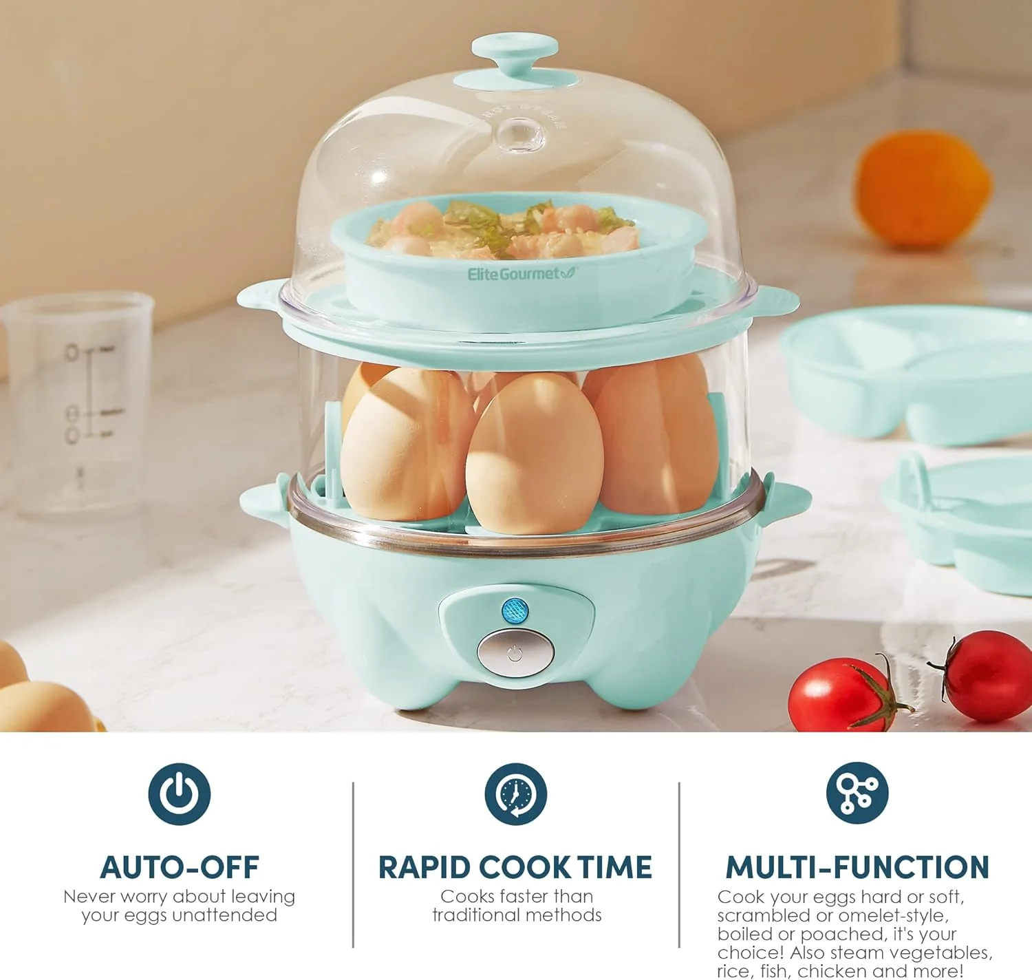 NEW - Elite Gourmet EGC1405M 2-Tiered Rapid Egg Cooker, 5-Egg Poacher, Omelets, Soft, Medium, Hard-Boiled Eggs with Auto Shut-Off and Buzzer, BPA Free, 14 eggs, Mint - Retail $27 - Image 5