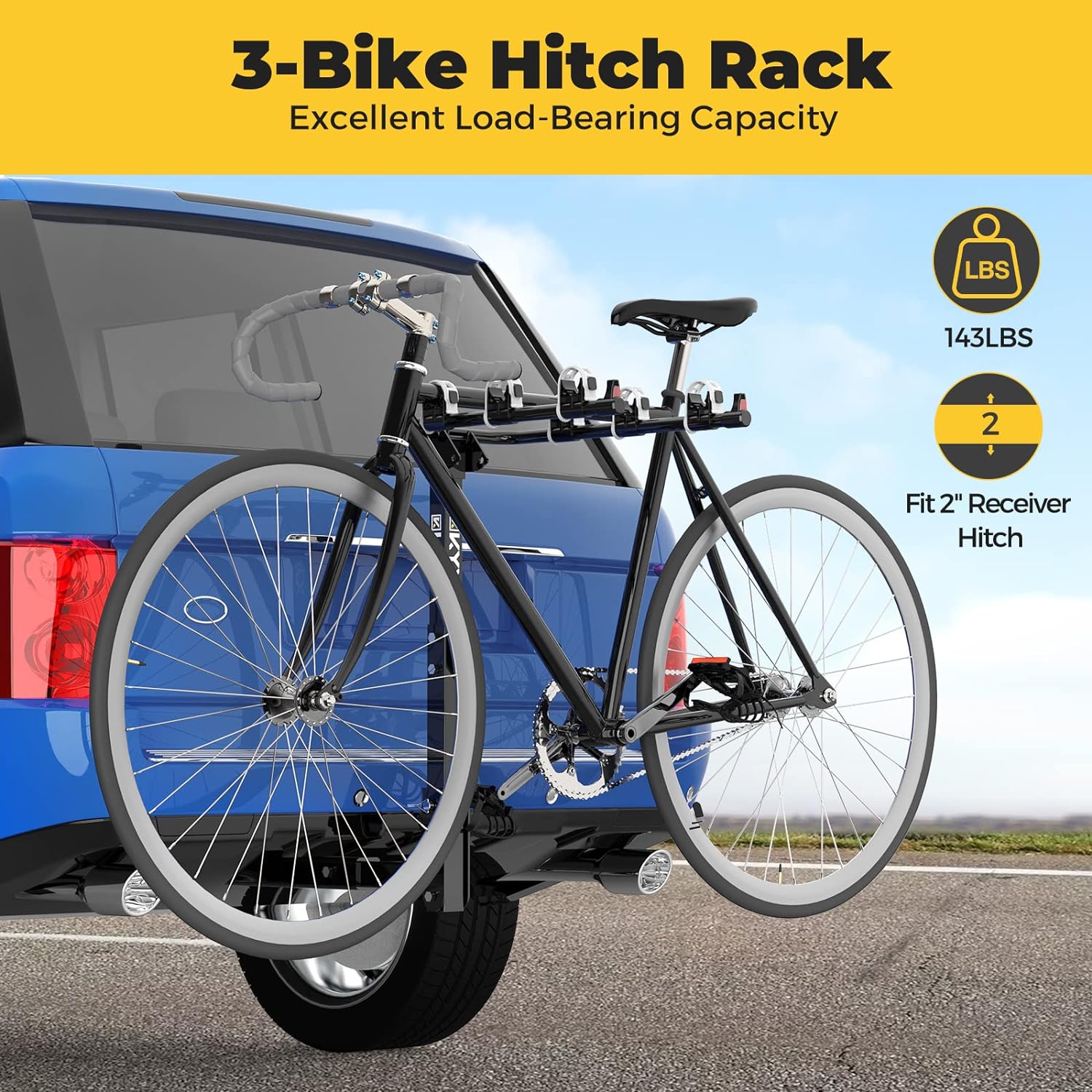 NEW - Bike Car Rack with 2 in. Receiver Hitch for 3 Bicycles, Hitch Mount Bike Rack with 143LBS Capacity Steel Frame, Foldable and Tilt-Away Modes for Car SUV Truck Vans, Easy Assembly, Safe Locking, Grey - Retail $94 - Image 3