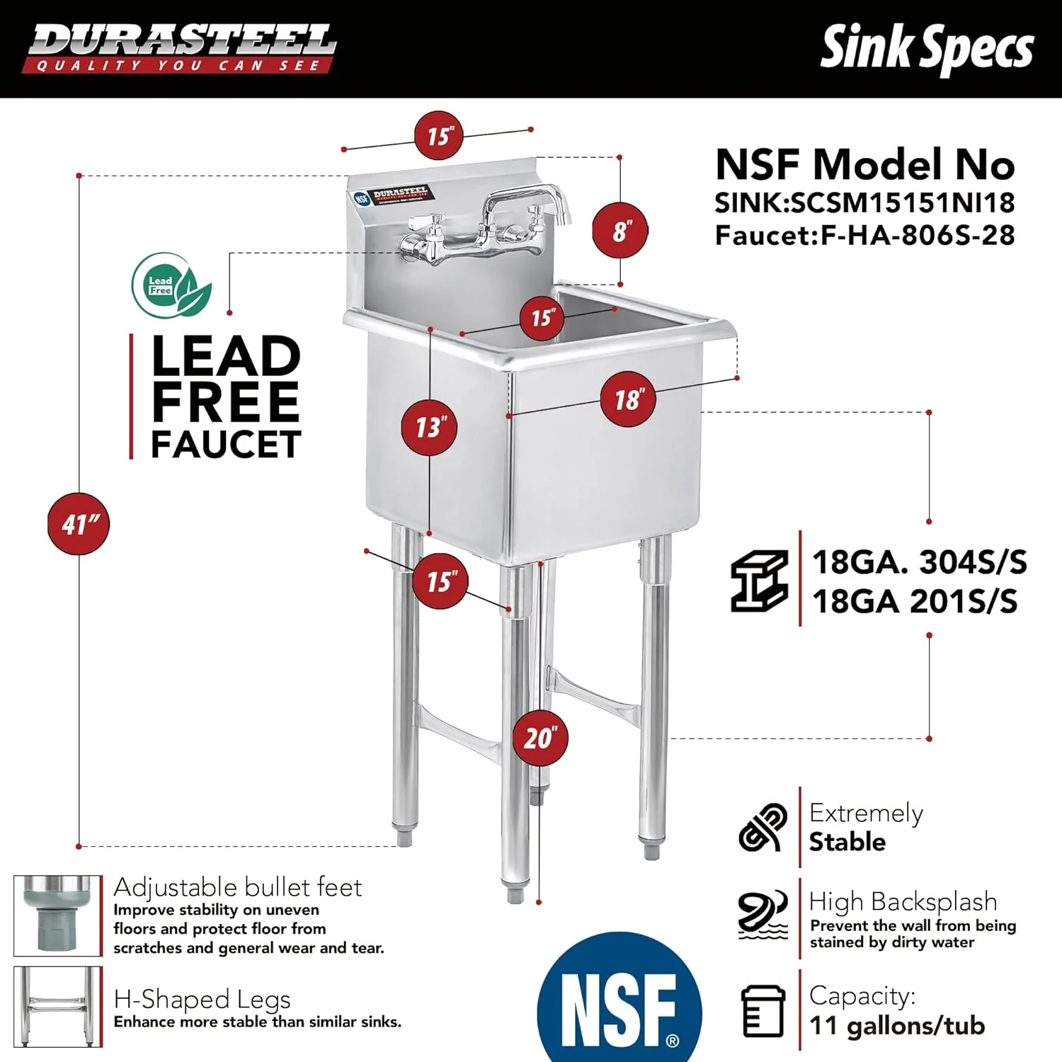 NEW - Stainless Steel Prep & Utility Sink - DuraSteel 1 Compartment Commercial Kitchen Sink - NSF Certified - Single 15" x 15" Inner Tub with No Lead Faucet (Restaurant, Kitchen, Laundry, Garage) - Retail $368 - Image 4