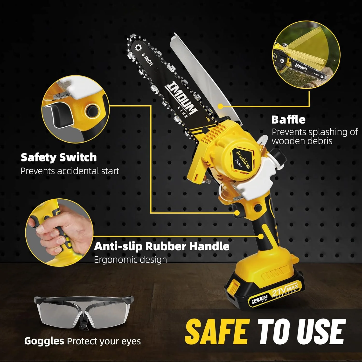 NEW - Mini Chainsaw Cordless 6'' with 2Ã—21V Battery, IMOUMLIVE Brushless Powerful Electric Small Hand Portable Chain Saw with Auto Oiler, Lightweight, 2.2 lbs, Handheld, Easy For Pruning, Cutting, Trimming - Retail $78 - Image 2