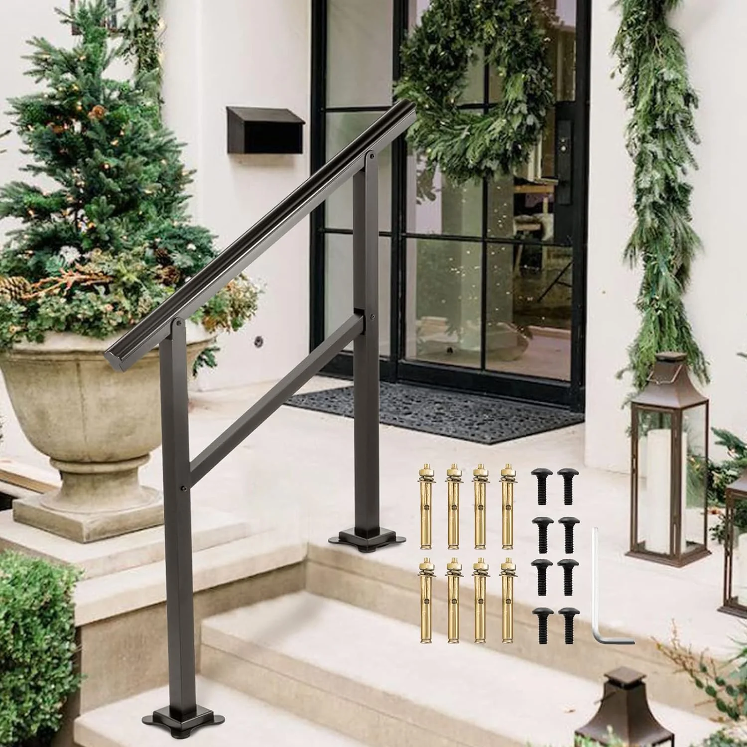 VEVOR Outdoor Handrail 165LBS Load Handrail Outdoor Stairs Aluminum Stair Handrail 36 x 35" Outdoor Stair Railing Transitional Range from 0 to 30° Staircase Handrail Fits 2-3 Steps with Screw Kit - Retail $69 - Image 2
