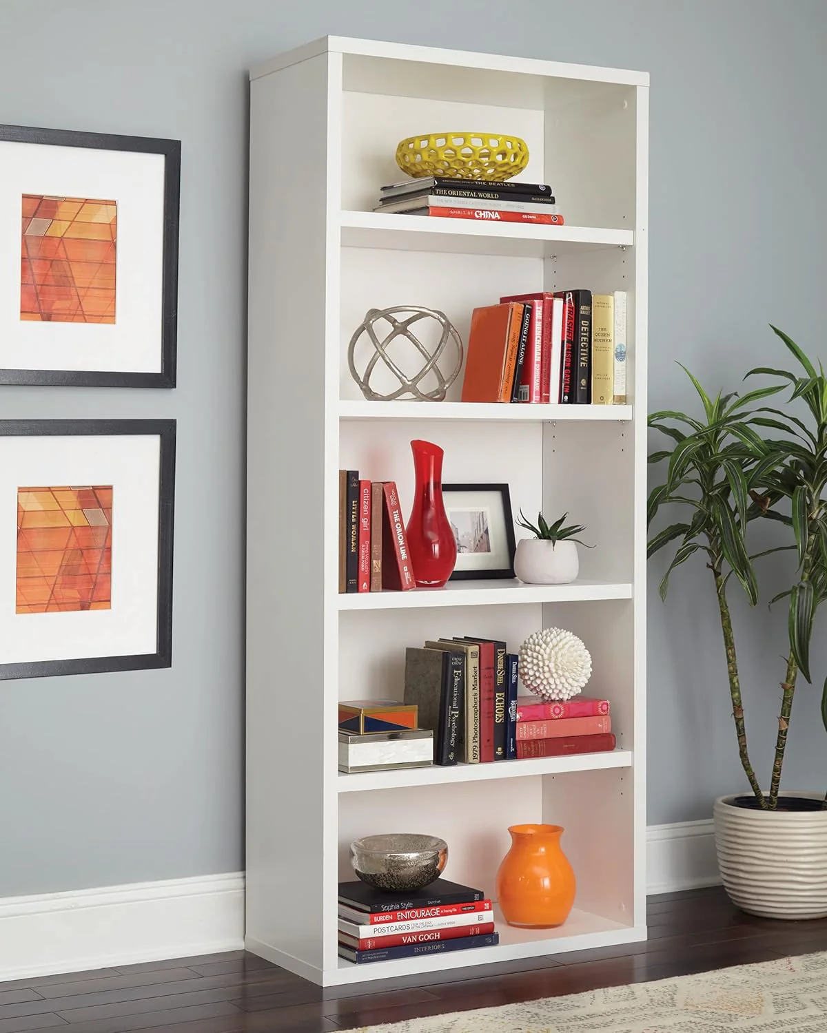 NEW - ClosetMaid Bookshelf with 5 Shelf Tiers, Adjustable Shelves, Tall Bookcase Sturdy Wood with Closed Back Panel, White Finish - Retail $181 - Image 2