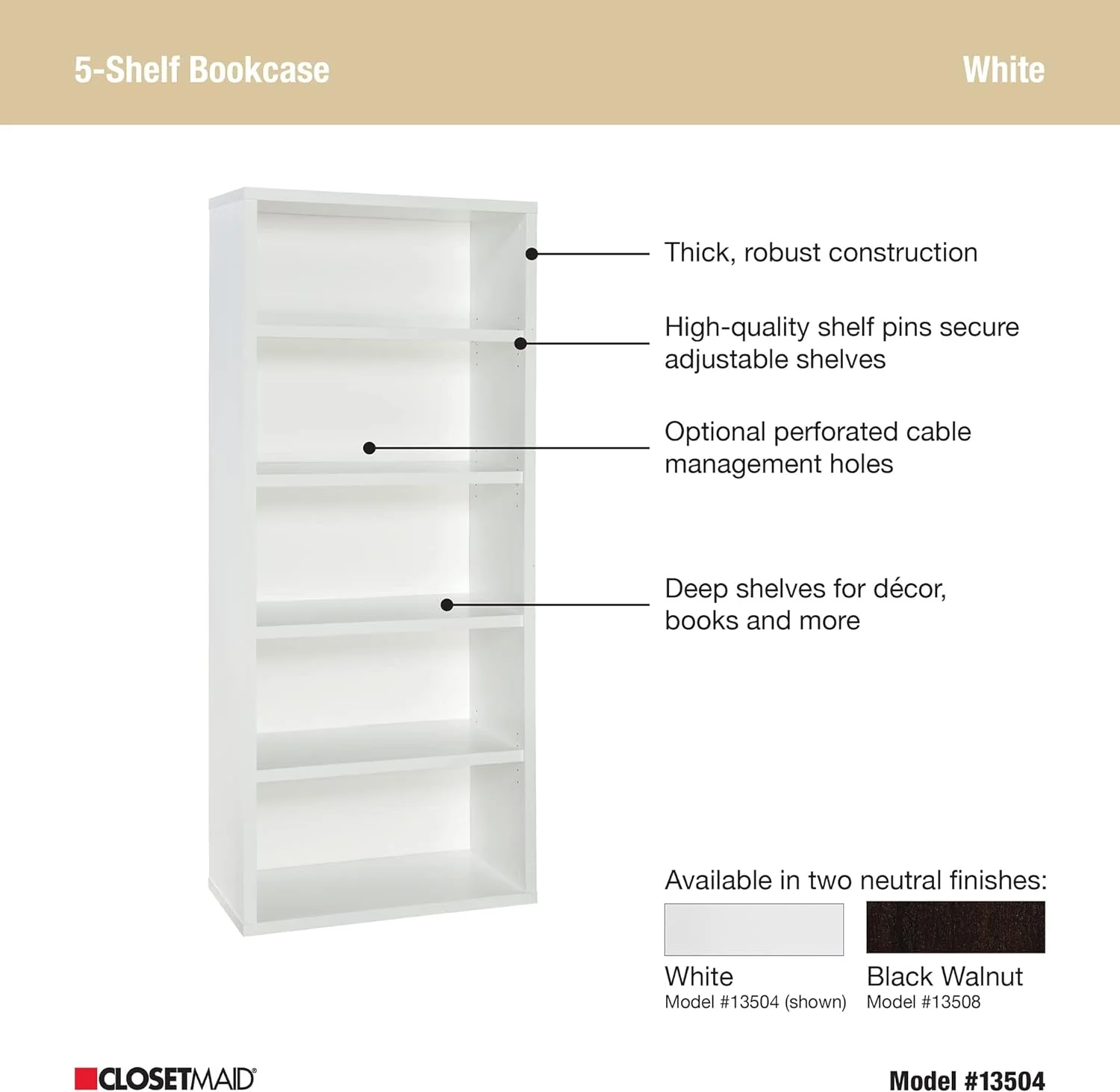 NEW - ClosetMaid Bookshelf with 5 Shelf Tiers, Adjustable Shelves, Tall Bookcase Sturdy Wood with Closed Back Panel, White Finish - Retail $181 - Image 3