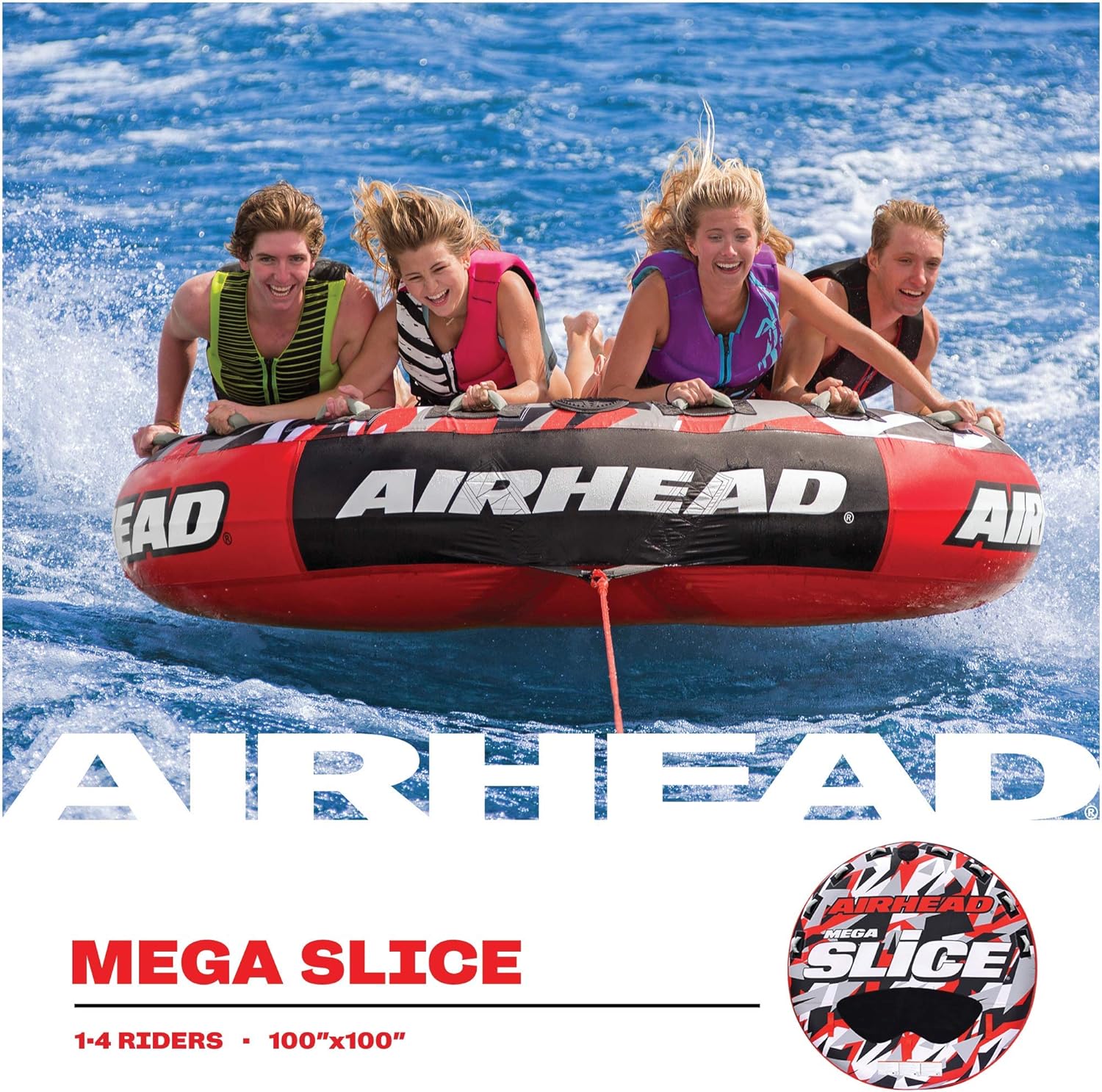 NEW - Airhead Mega Slice Towable 1-4 Rider Tube for Boating and Water Sports, Heavy Duty Full Nylon Cover with Zipper, EVA Foam Pads, and Patented Speed Safety Valve for Easy Inflating & Deflating - Retail $249 - Image 2