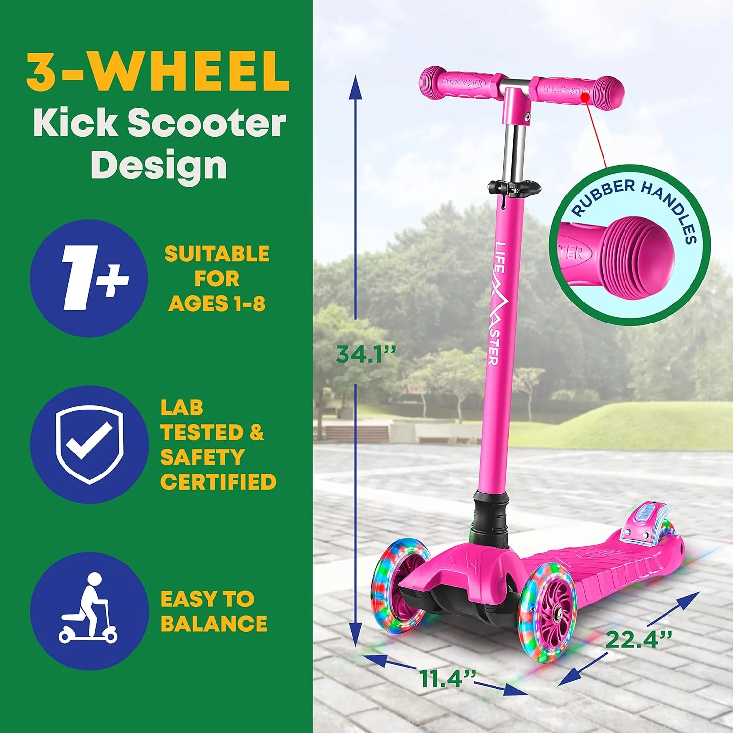 NEW - Kids Scooter Pink – Children and Toddler 3 Wheel Kick Scooter – LED Wheel Lights Illuminate When Rolling Lifemaster - Retail $32 - Image 3