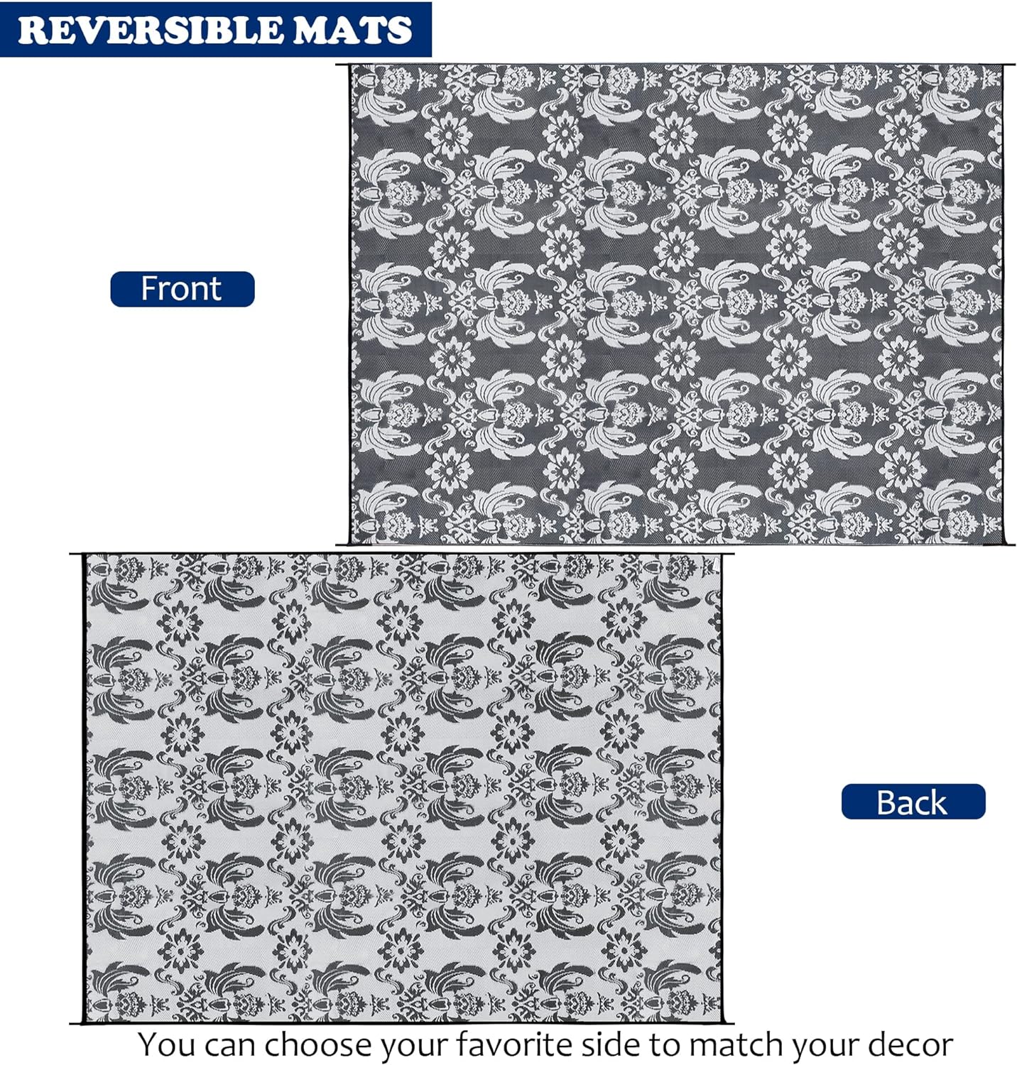 NEW - Ridota Reversible Mats, Outdoor Patio Rugs, Plastic Straw Rug, Modern Area Rug, Large Floor Mat for Outdoors, RV, Patio, Backyard, Deck, Picnic, Beach, Camping (Baroque Grey & White, 9' x 12') - Retail $129 - Image 2