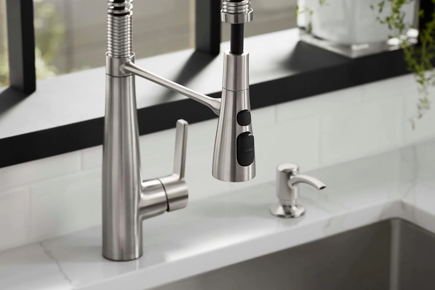 NEW - KOHLER K-R22745-SD-VS Semi-Professional Kitchen Faucet with Soap Dispenser/Lotion Dispenser, Commercial Kitchen Sink Faucet with Pull-Down Sprayhead, Vibrant Stainless - Retail $306 - Image 6