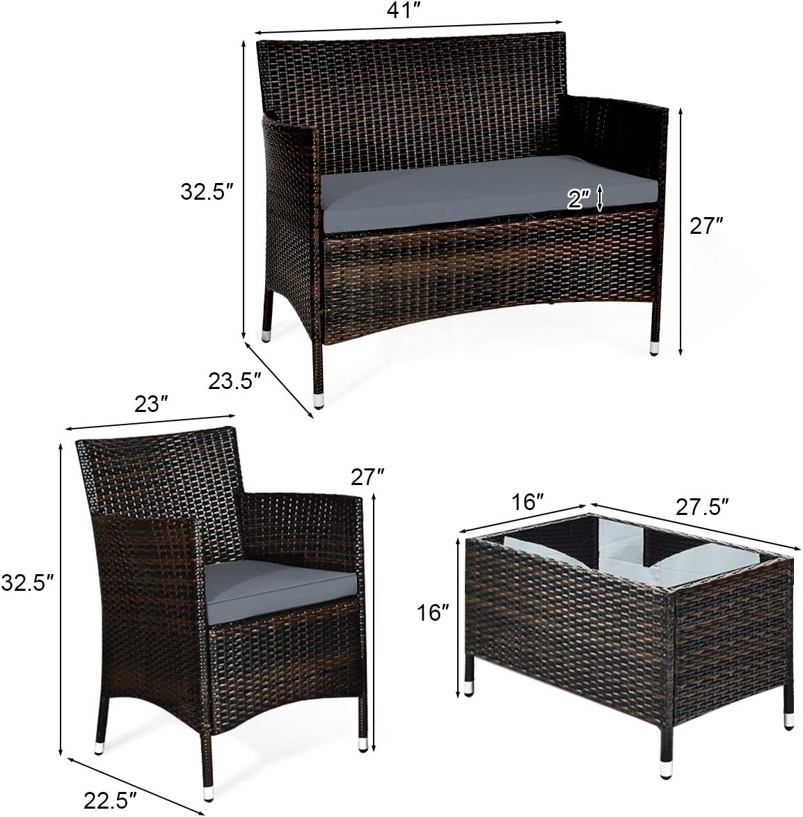 NEW - Goplus 4-Piece Rattan Patio Set, Outdoor/Indoor Wicker Conversation Set for Pool, Backyard, Lawn, Wicker Chairs and Sofa with Soft Cushion, Rattan Furniture with Tempered Glass Coffee Table - Retail $210 - Image 2