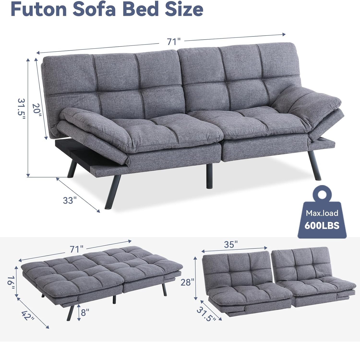Hcore Convertible Sleeper, Memory Foam Futon Couch,Loveseat Bed,Small Splitback Modern Sofa Sofabed, Upgraded Grey - Retail $322 - Image 2