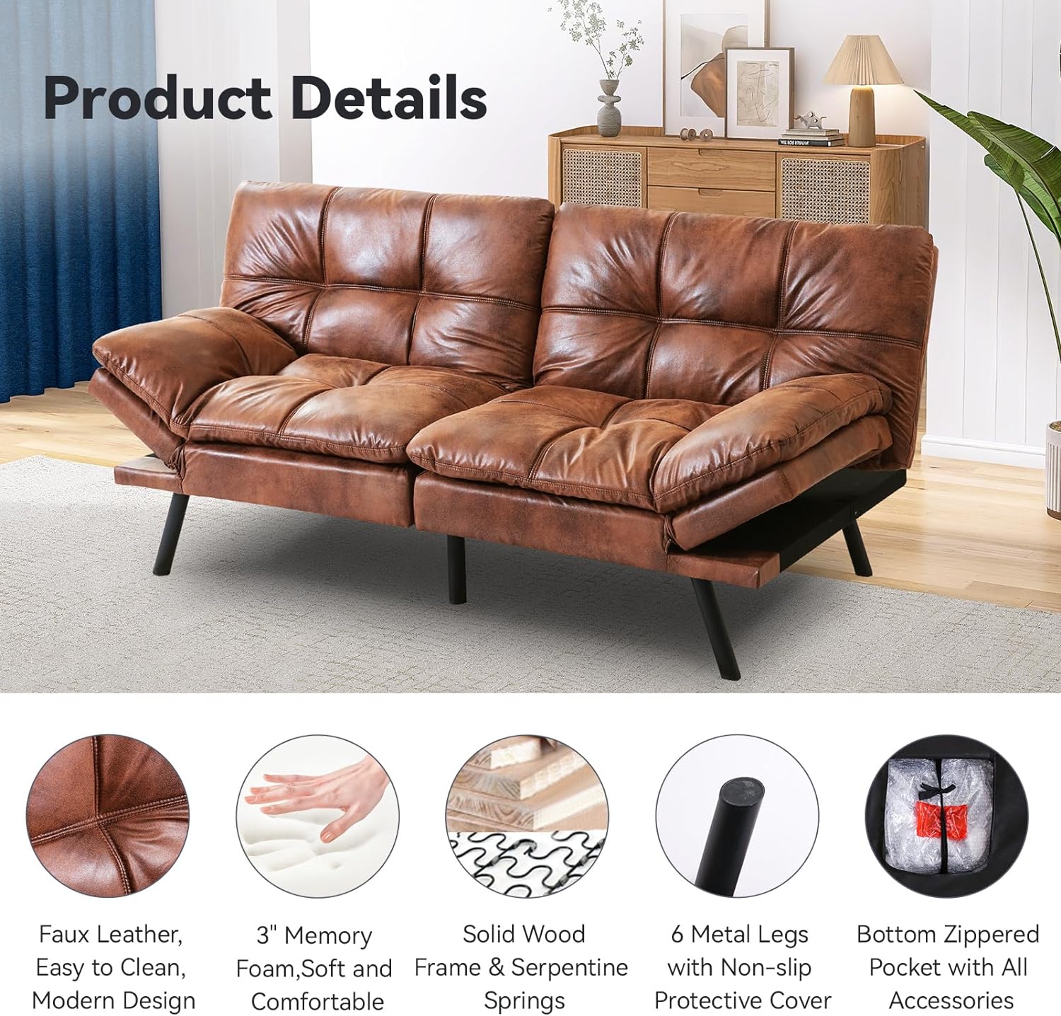 NEW - Hcore Convertible Futon Sofa Bed,Sleeper Futon Bed Couch,Memory Foam Futon Sofa,Loveseat Sofa Bed,Small Splitback Polyester Modern Sofa for Living Room,Office,Apartment,Medium Brown - Retail $239 - Image 2