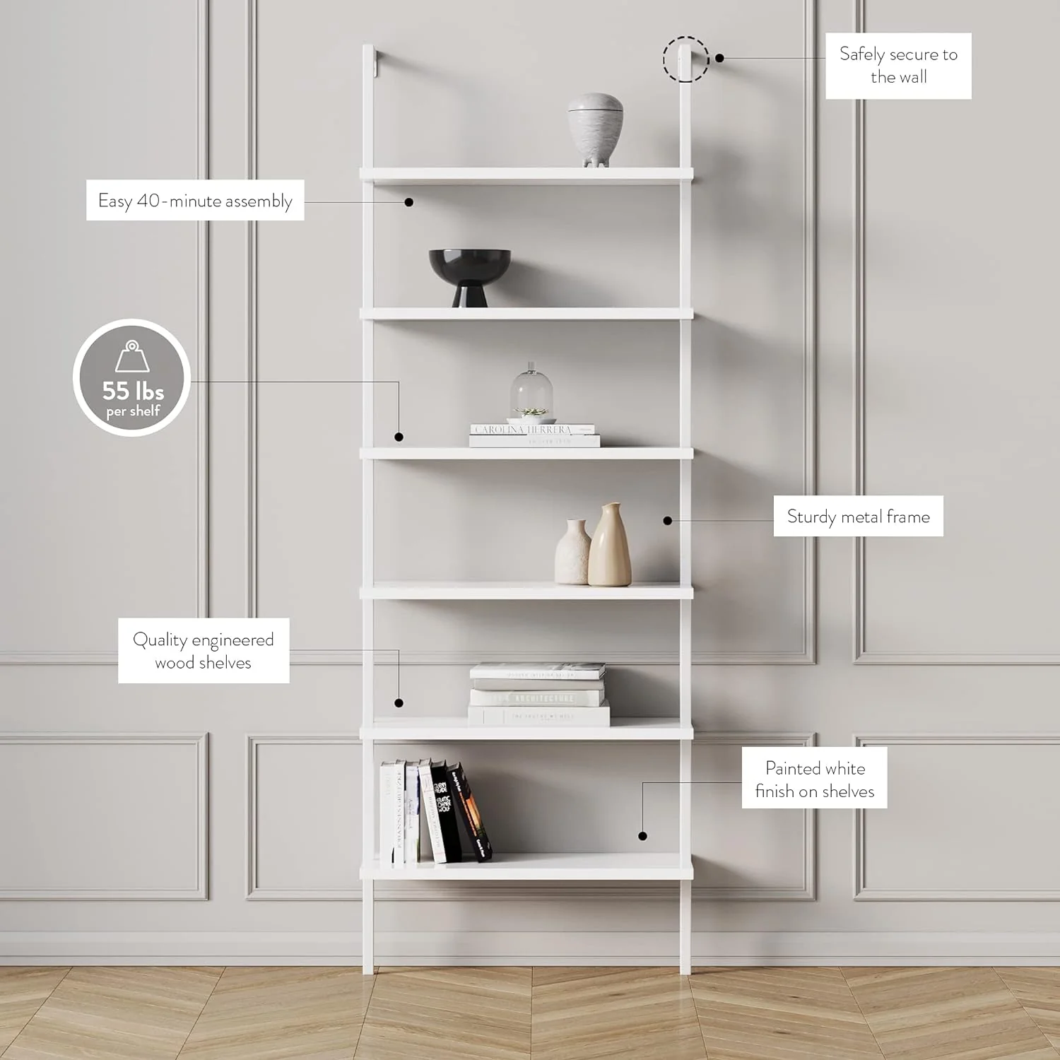 NEW - Nathan James Theo 6-Shelf Tall Modern Bookshelf, Wall Mount Ladder Shelf Bookcase with Wood and Industrial Metal Frame, Matte White - Retail $199 - Image 2