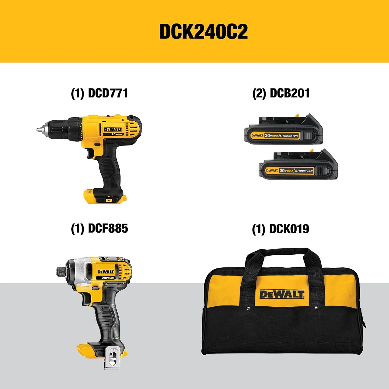 NEW DEWALT 20V MAX Cordless Drill and Impact Driver, Power Tool Combo Kit with 2 Batteries and Charger, Yellow/Black (DCK240C2) - Retail $216 - Image 2