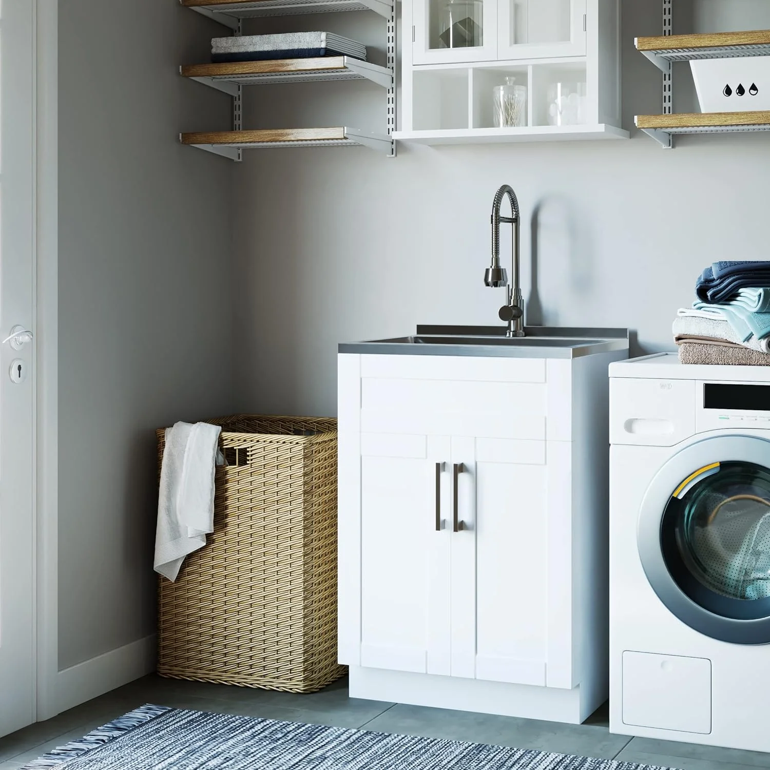 NEW - SIMPLIHOME Hennessy Contemporary 24 Inch Deluxe Laundry Cabinet with Faucet and Stainless Steel Sink in Pure White, For the Laundry Room and Utility Room - Retail $499 - Image 2