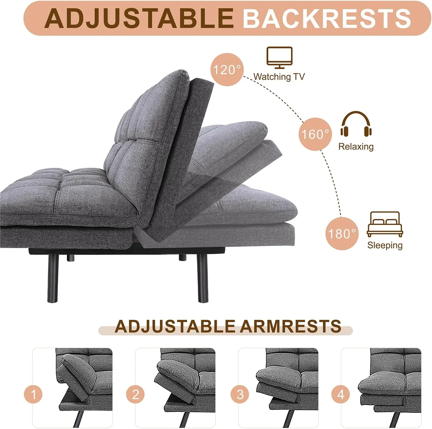 NEW - MUUEGM Futon Sofa Bed, Memory Foam Futon Sleeper Sofa Convertible Couch Fabric 71 Inch Futons with ArmRest, Metal Legs, Living Room Small & Compact Spaces, Easy Assemblyï¼ŒGrey - Retail $284 - Image 3