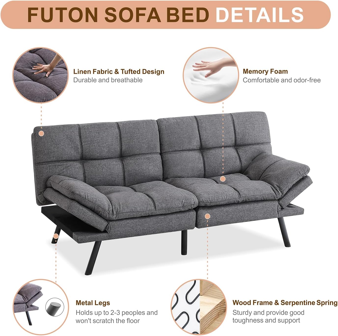 NEW - MUUEGM Futon Sofa Bed, Memory Foam Futon Sleeper Sofa Convertible Couch Fabric 71 Inch Futons with ArmRest, Metal Legs, Living Room Small & Compact Spaces, Easy Assemblyï¼ŒGrey - Retail $284 - Image 4