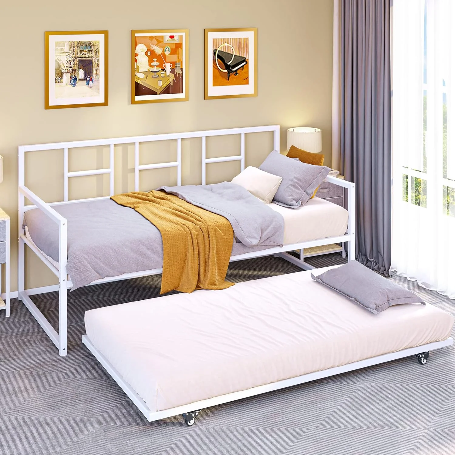 NEW - YITAHOME Twin Daybed with Pull Out Trundle/Steel Slat Support/Space Saving Adjustable Height Trundle Bed and Multi-Functional Furniture for Living Room and Guest Room, White - Retail $209 - Image 2
