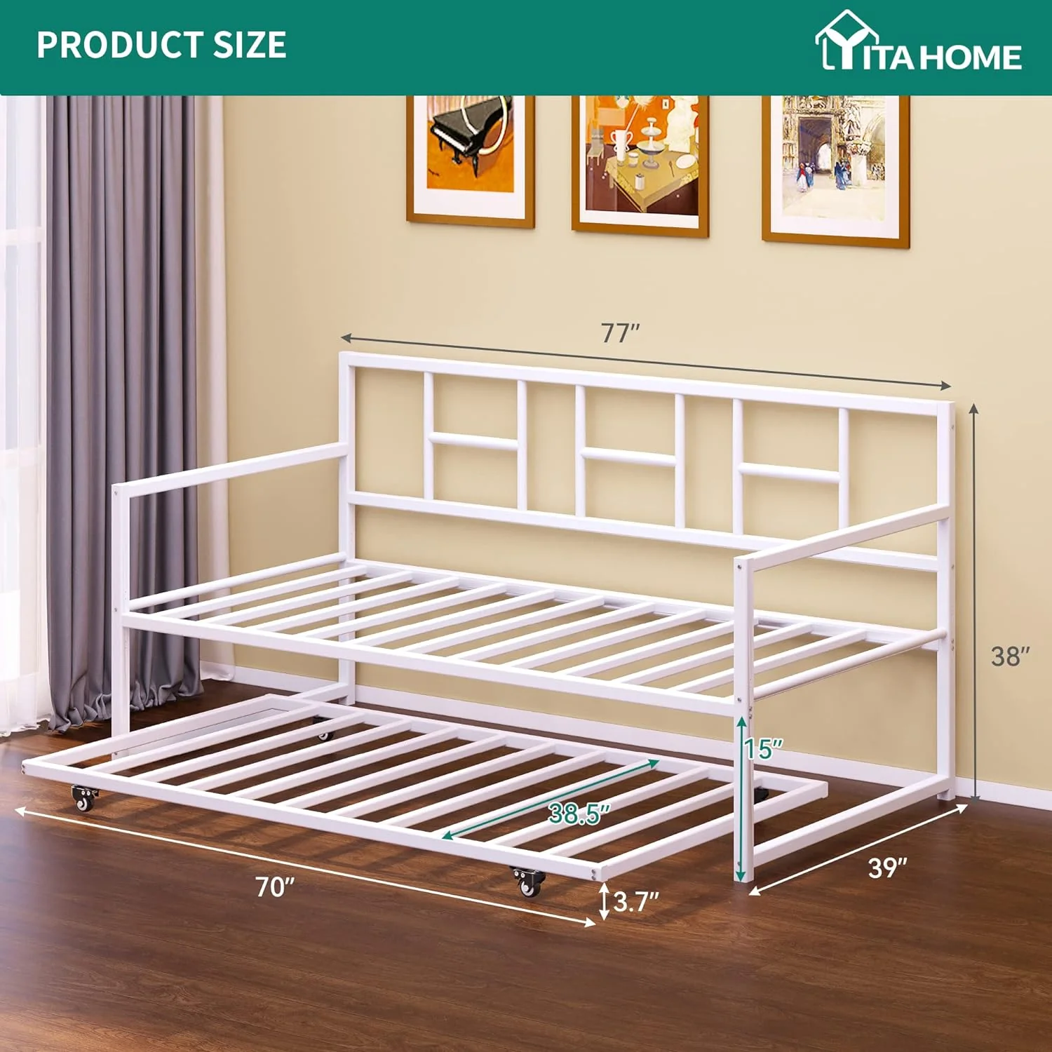 NEW - YITAHOME Twin Daybed with Pull Out Trundle/Steel Slat Support/Space Saving Adjustable Height Trundle Bed and Multi-Functional Furniture for Living Room and Guest Room, White - Retail $209 - Image 3