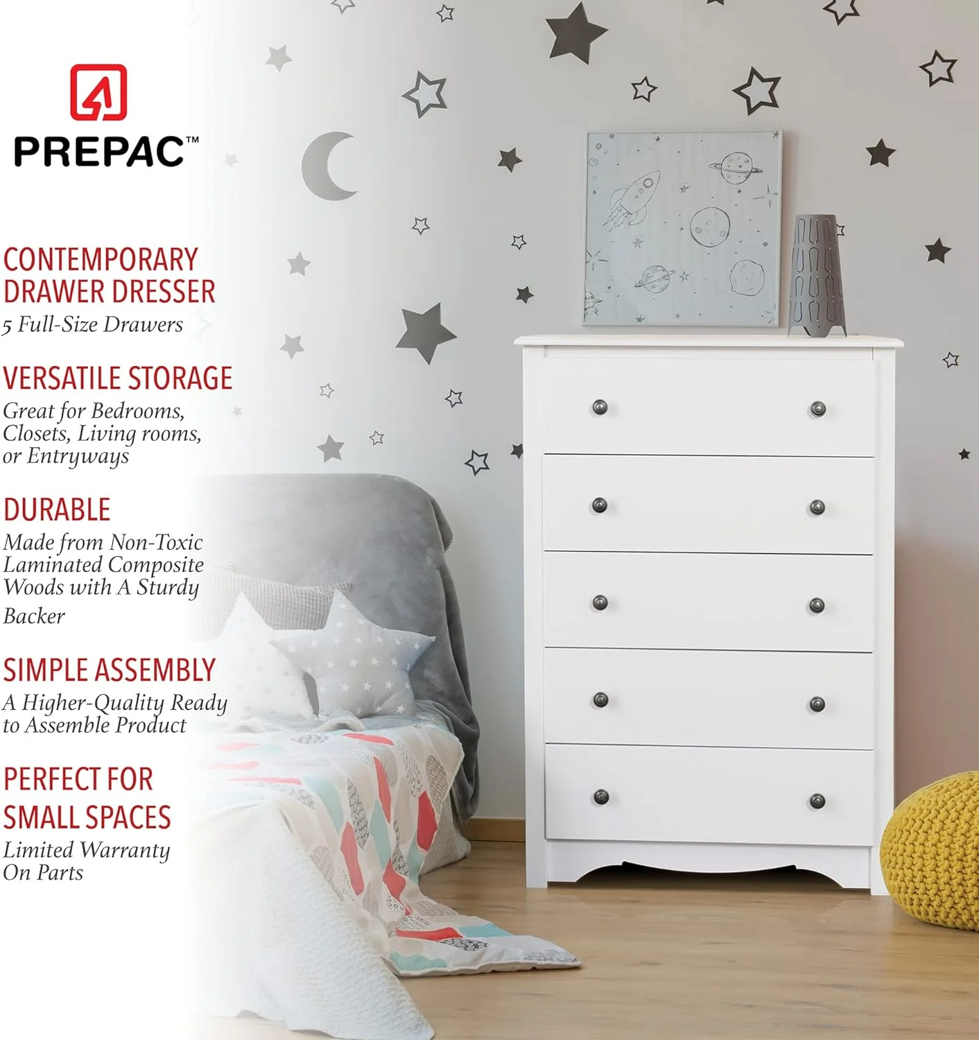 New w/ minor dmg - Prepac Sonoma Superior 5-Drawer Chest for Bedroom - Spacious and Stylish Chest of Drawers, Measuring 16"D x 31.5"W x 45.25"H, In White Finish - Retail $167 - Image 4