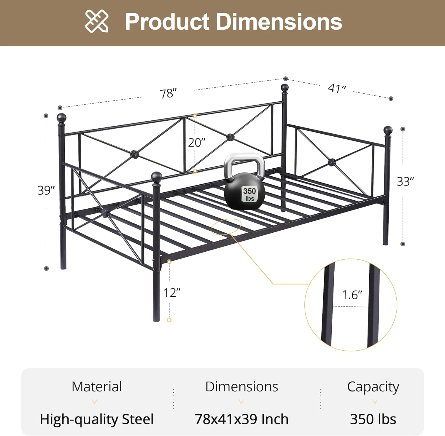 VECELO Classic Metal TWIN Daybed Frame Multifunctional Mattress Foundation/Bed Sofa with Headboard, Twin, Black - Image 2
